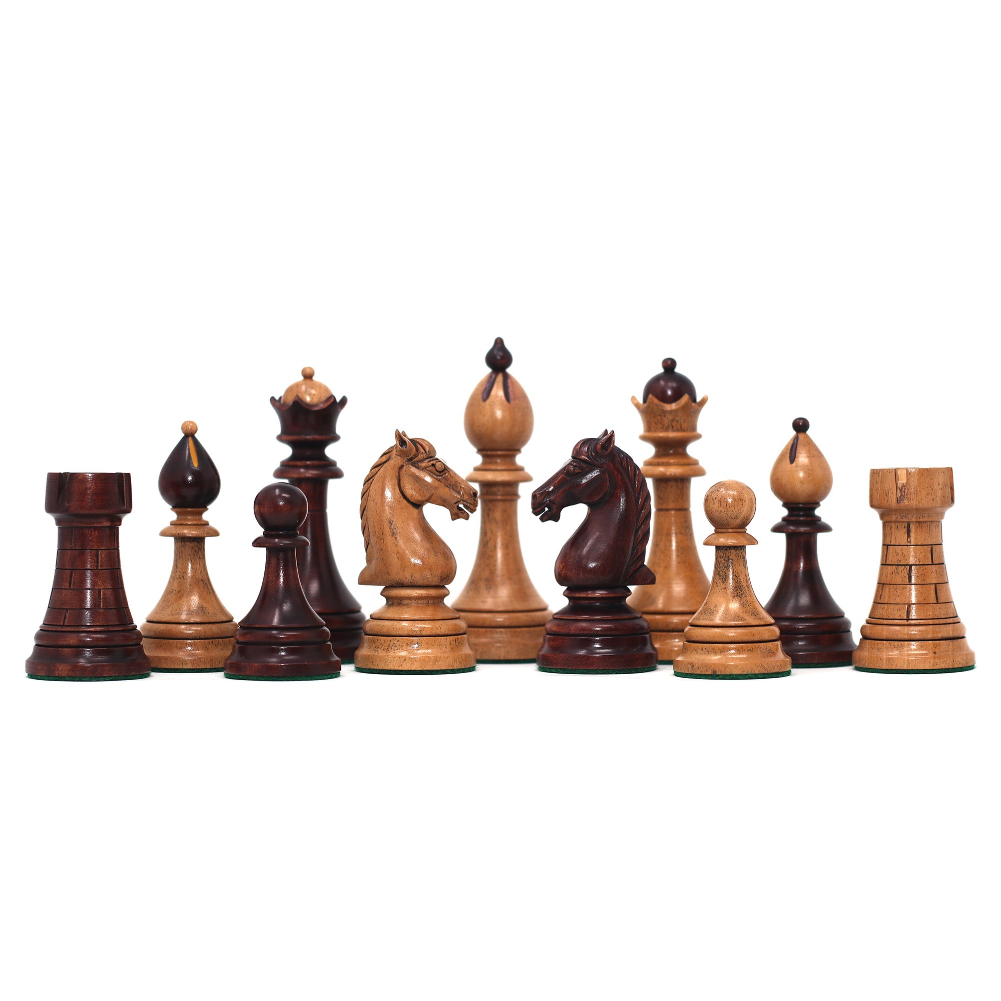 THE 1951-1954 "ČESKÁ KLUBOVKA" FIDE TOURNAMENT CZECH REPRODUCED CHESSMEN IN  DISTRESSED/MAHOGANY STAINED BOXWOOD - 4.0" KING