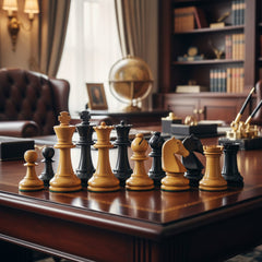 Henri Chavet Reproduced Chess Set in Ebony & Aged Antiqued Boxwood- 3.75" King Height