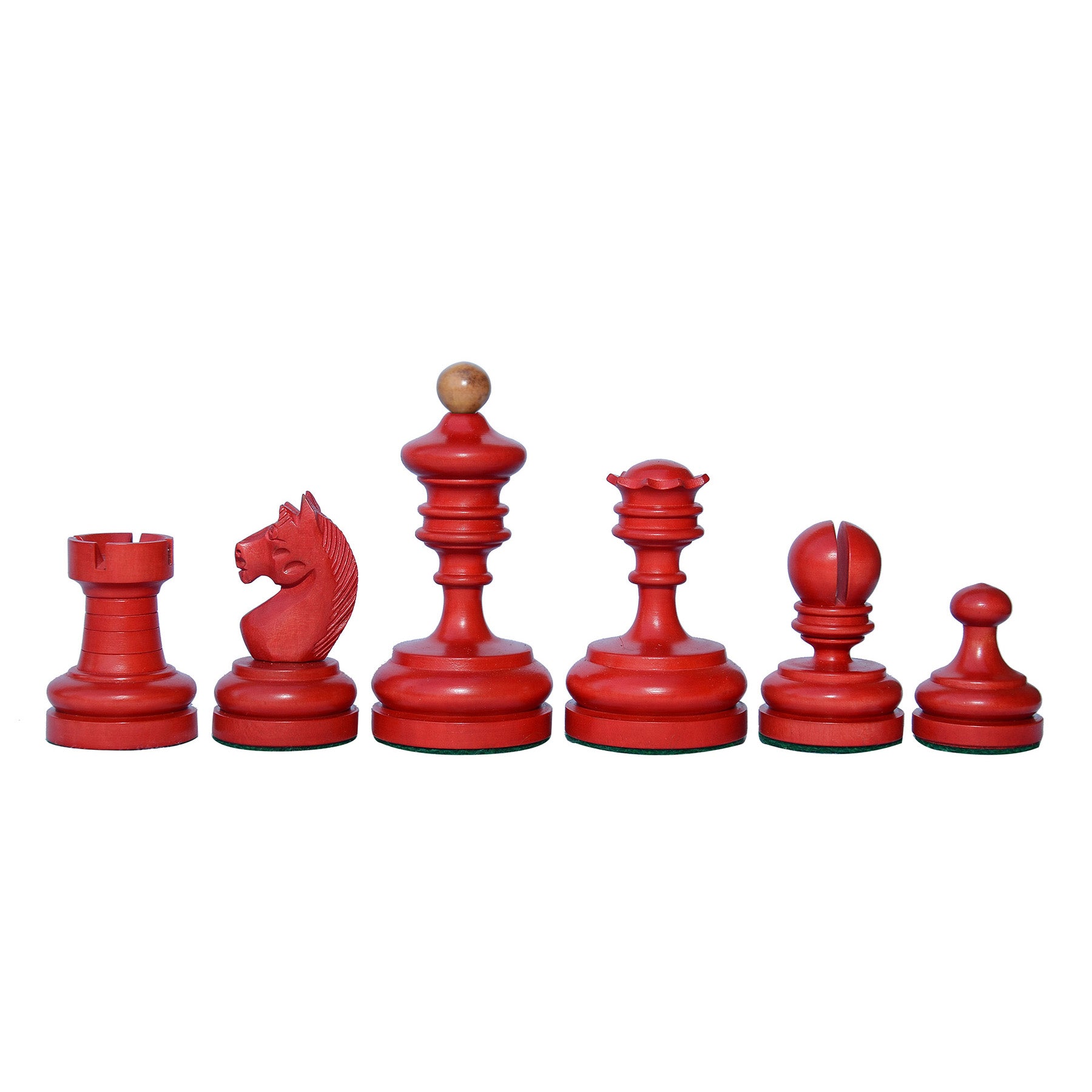 Reproduction Vintage 1930 German Knubbel 3.5" Chess Pieces in Distressed Antique and Red Stained Box wood