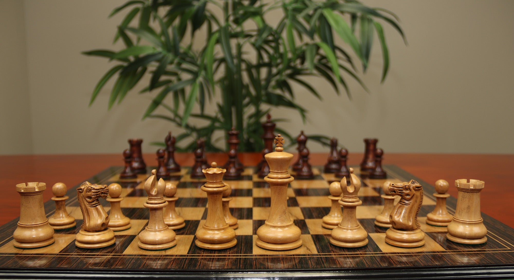 1850-55 Reproduced Staunton 4.4" Mahogany Stained / Antiqued Boxwood Chess Pieces