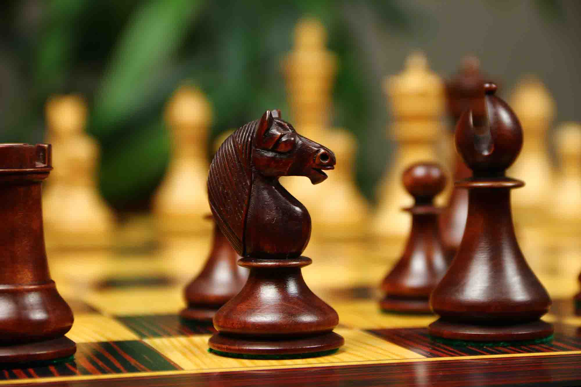 1830 Dublin Style Reproduced Historical Chess Set - 3.75" King Height in Natural & Mahogany Stained Boxwood