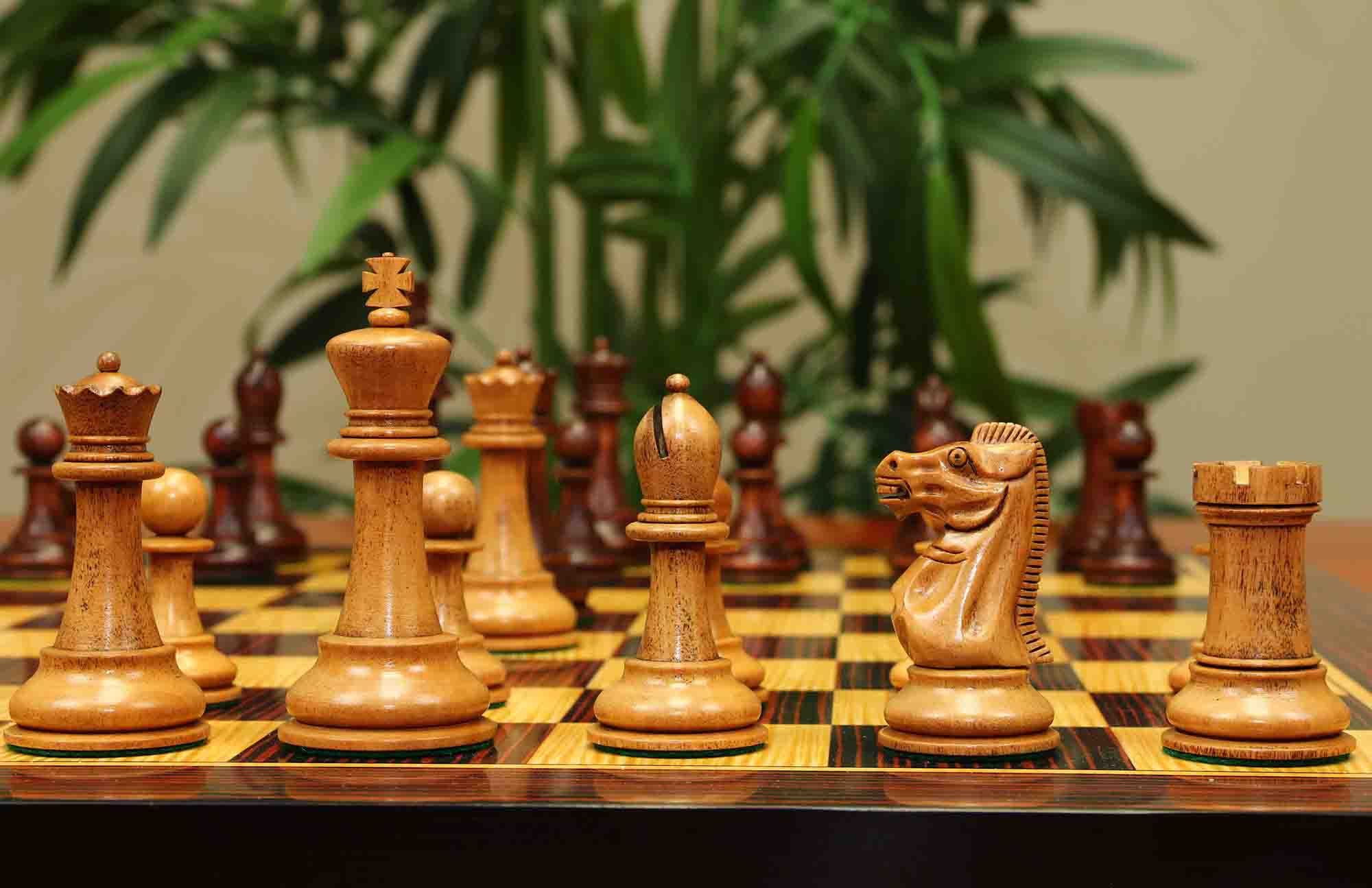 17th Olympiad Havana 1966 Circa Reproduction 3.78" Staunton Chessmen Distressed/Mahogany Stained Boxwood