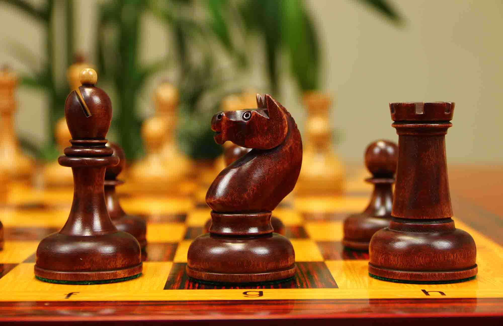 1962 Soviet Championship Historical Reproduced Tal Chess set 4" - Distressed and Mahogany Stained Boxwood