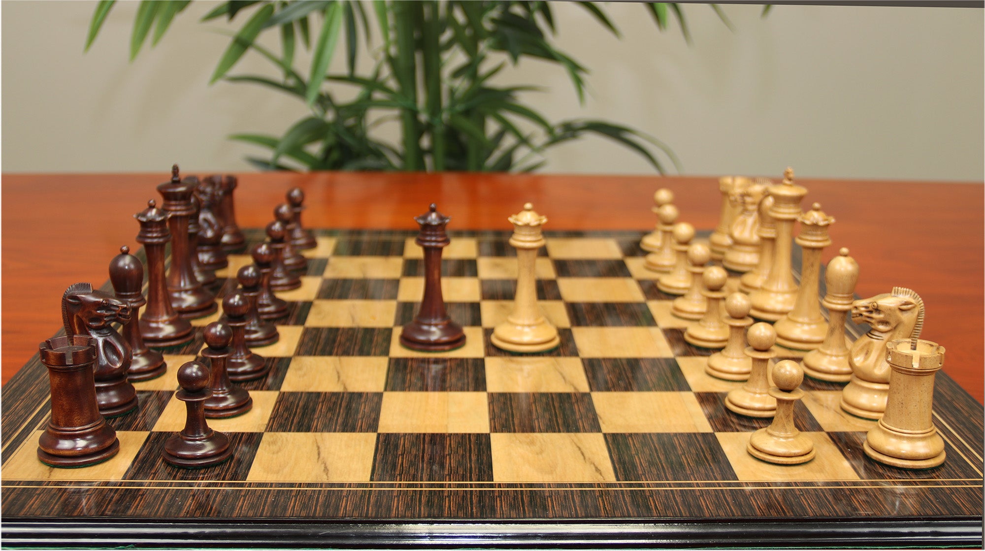 B & Company Reproduced Staunton 4.4" Chess Set in Distressed Boxwood and Mahogany