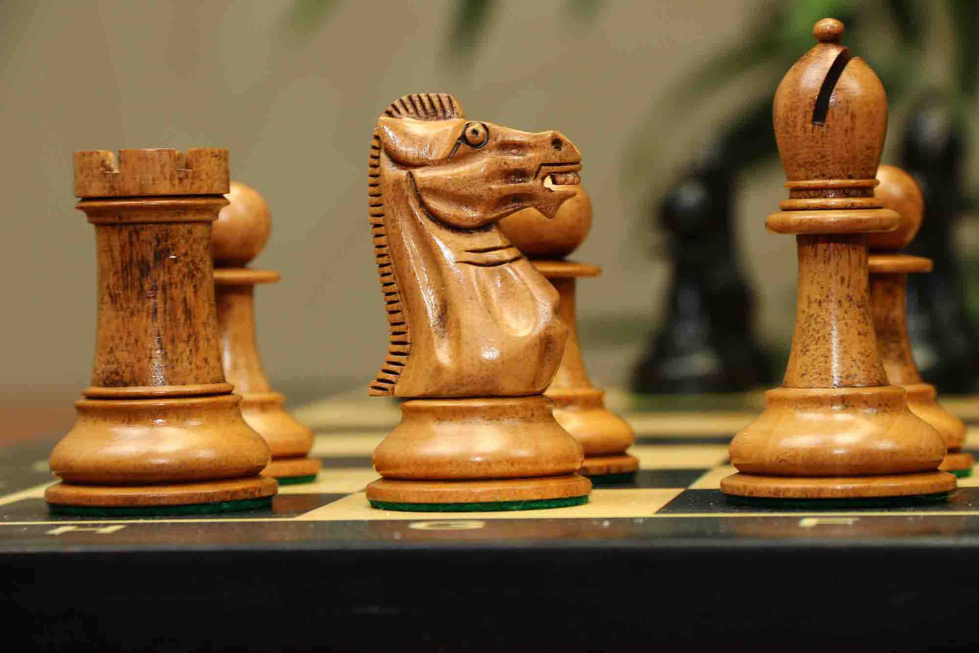 17th Olympiad Havana 1966 Circa Reproduction 3.78" Staunton Chessmen Distressed/Ebonised Boxwood