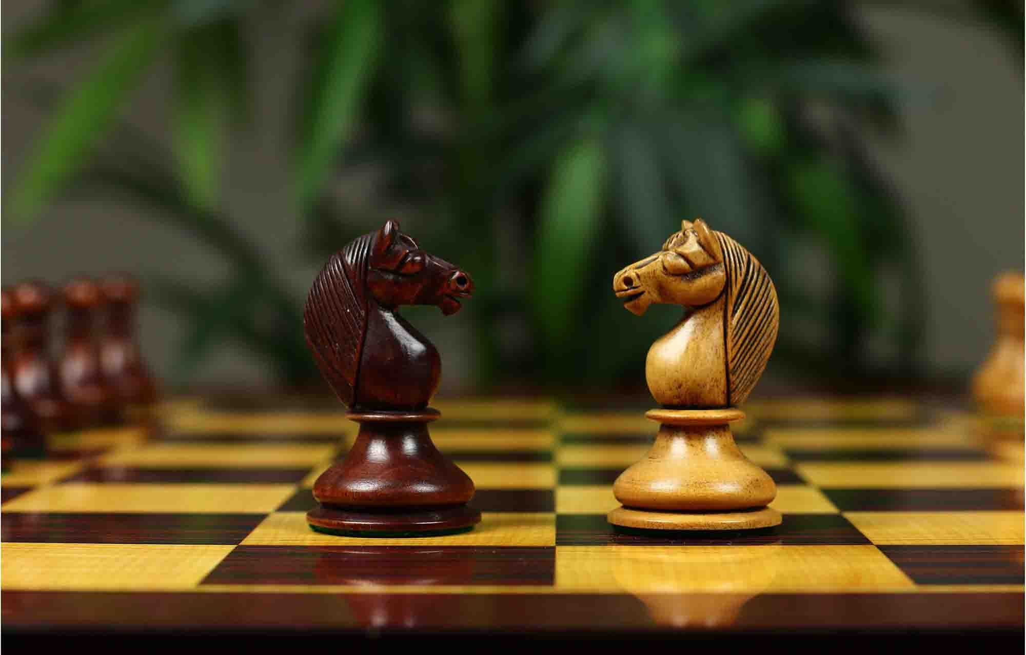 1830 Dublin Style Reproduced Historical Chess Set - 3.75" King Height in Distressed & Mahogany Stained Boxwood