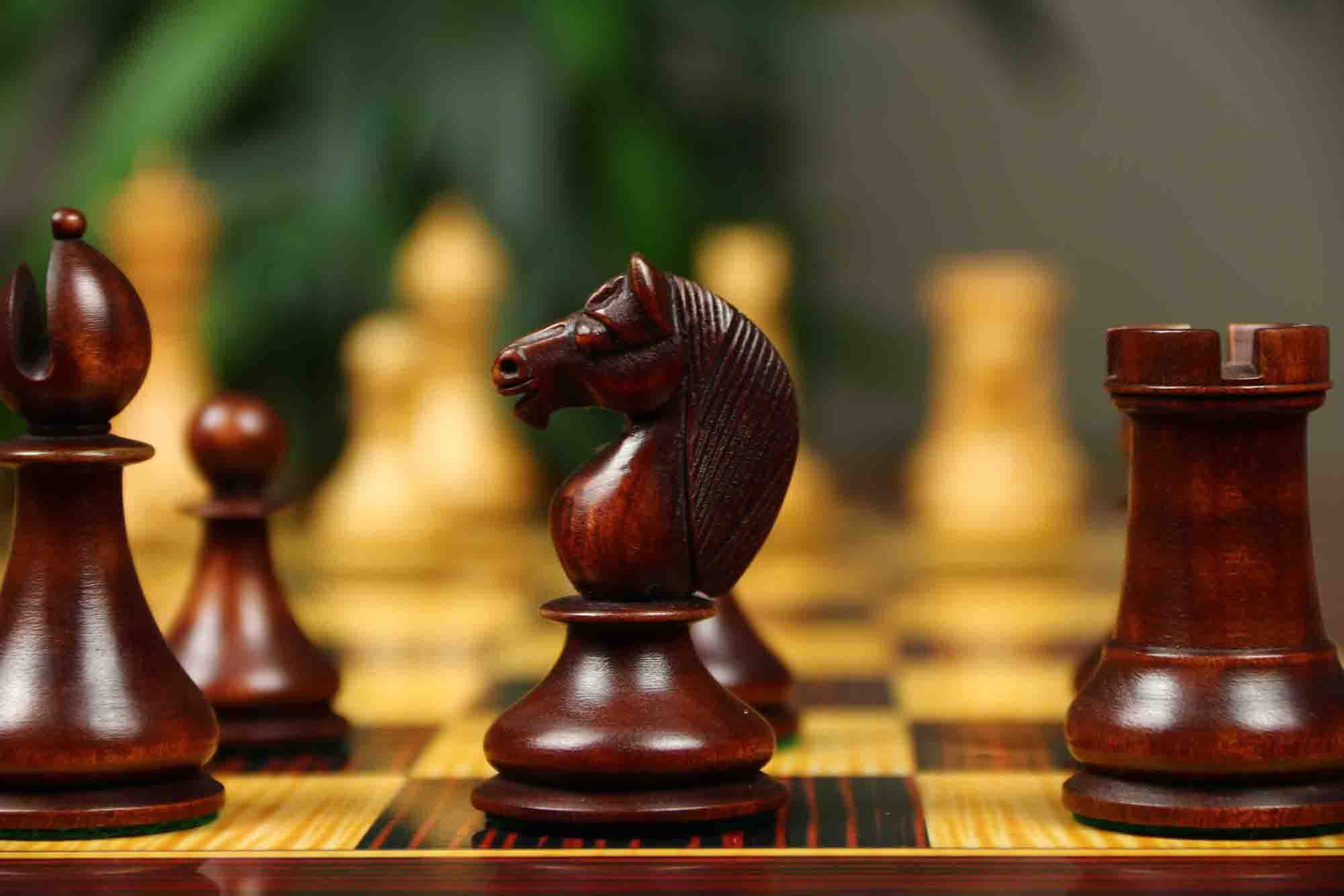 1830 Dublin Style Reproduced Historical Chess Set - 3.75" King Height in Natural & Mahogany Stained Boxwood