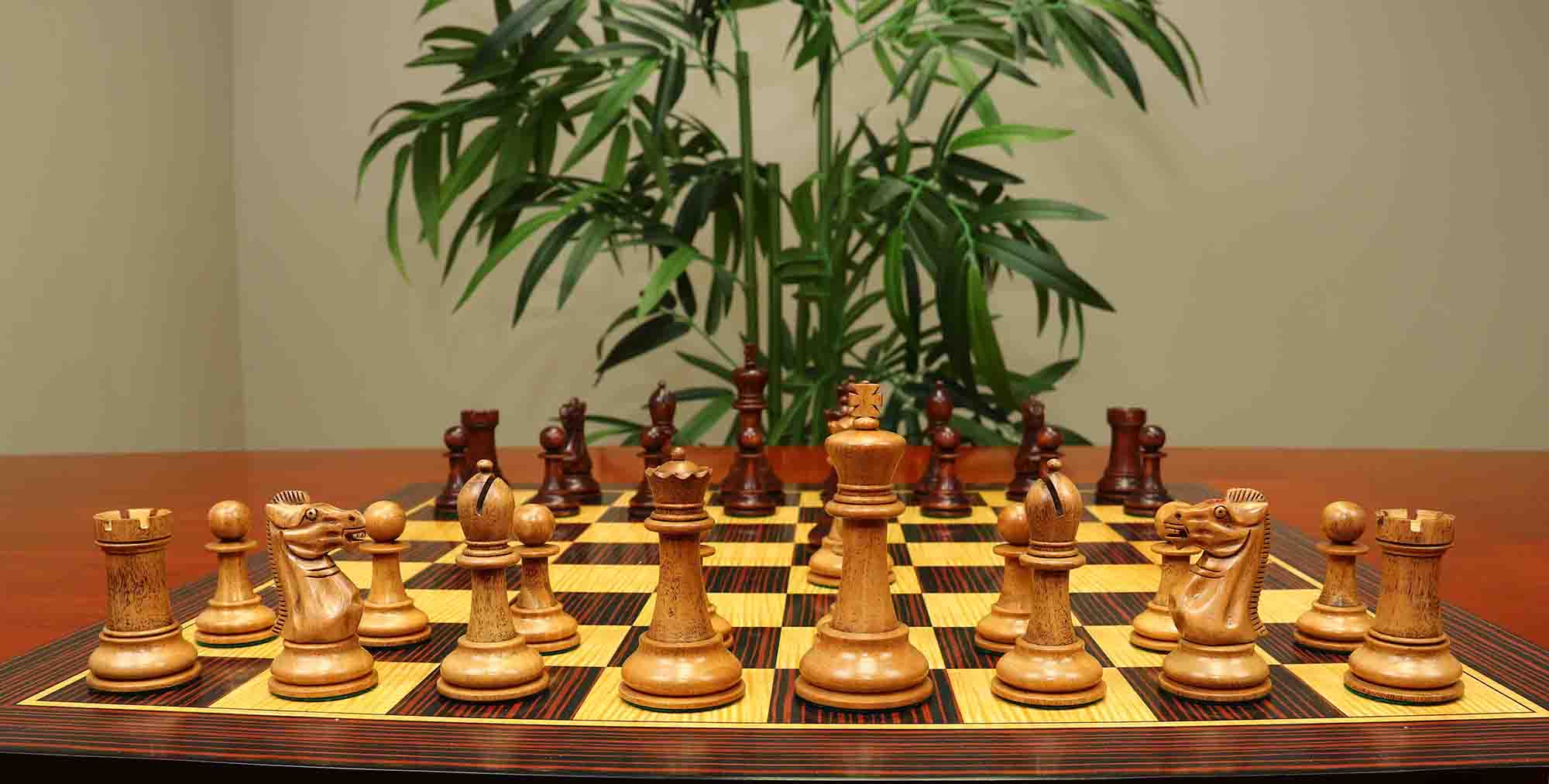 17th Olympiad Havana 1966 Circa Reproduction 3.78" Staunton Chessmen Distressed/Mahogany Stained Boxwood