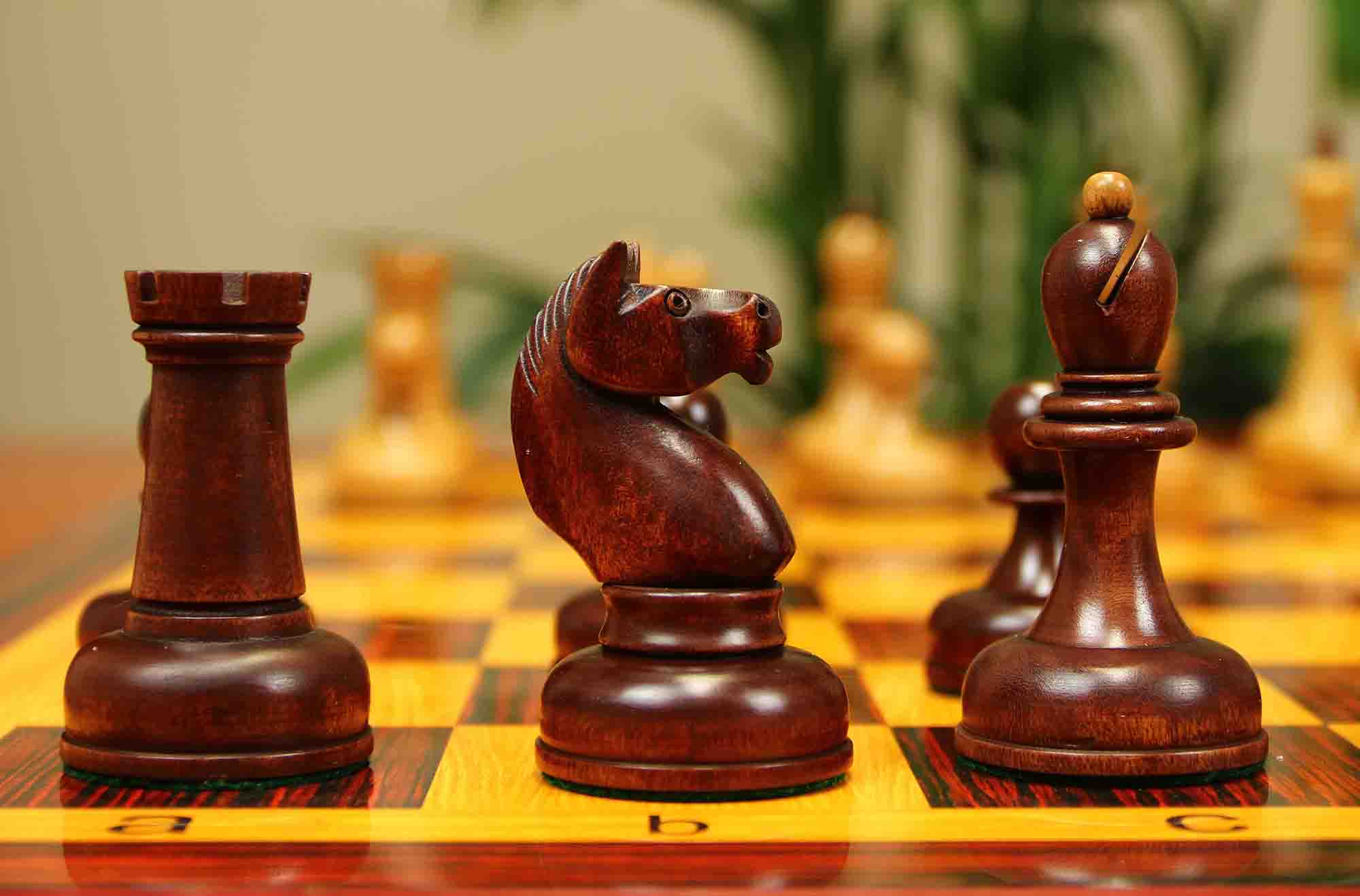 1962 Soviet Championship Historical Reproduced Tal Chess set 4" - Distressed and Mahogany Stained Boxwood