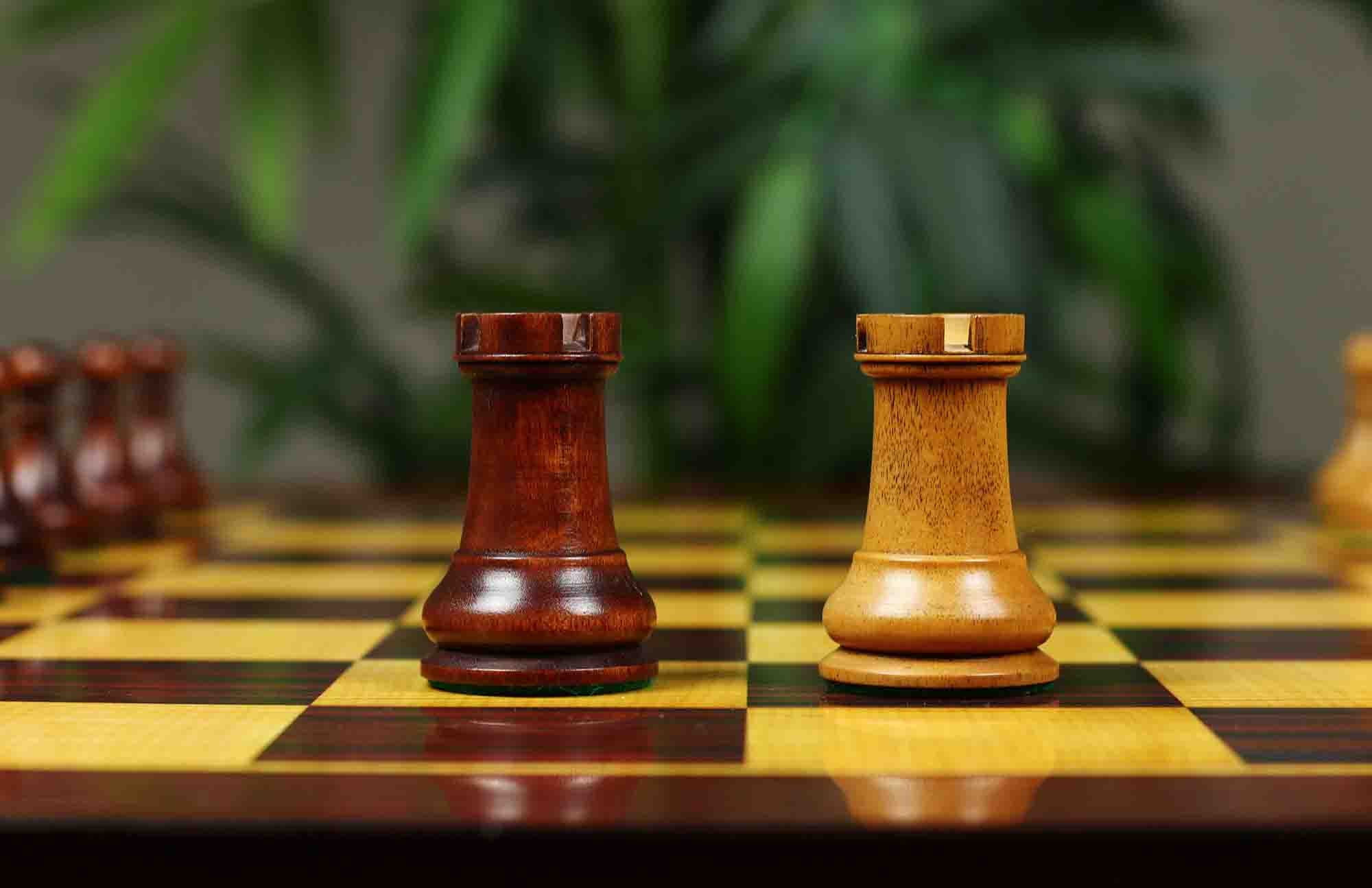 1830 Dublin Style Reproduced Historical Chess Set - 3.75" King Height in Distressed & Mahogany Stained Boxwood