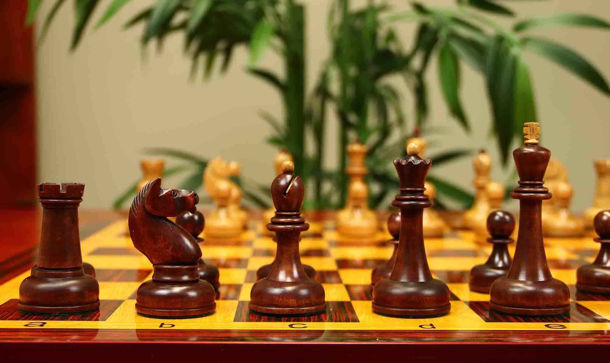 1962 Soviet Championship Historical Reproduced Tal Chess set 4" - Distressed and Mahogany Stained Boxwood