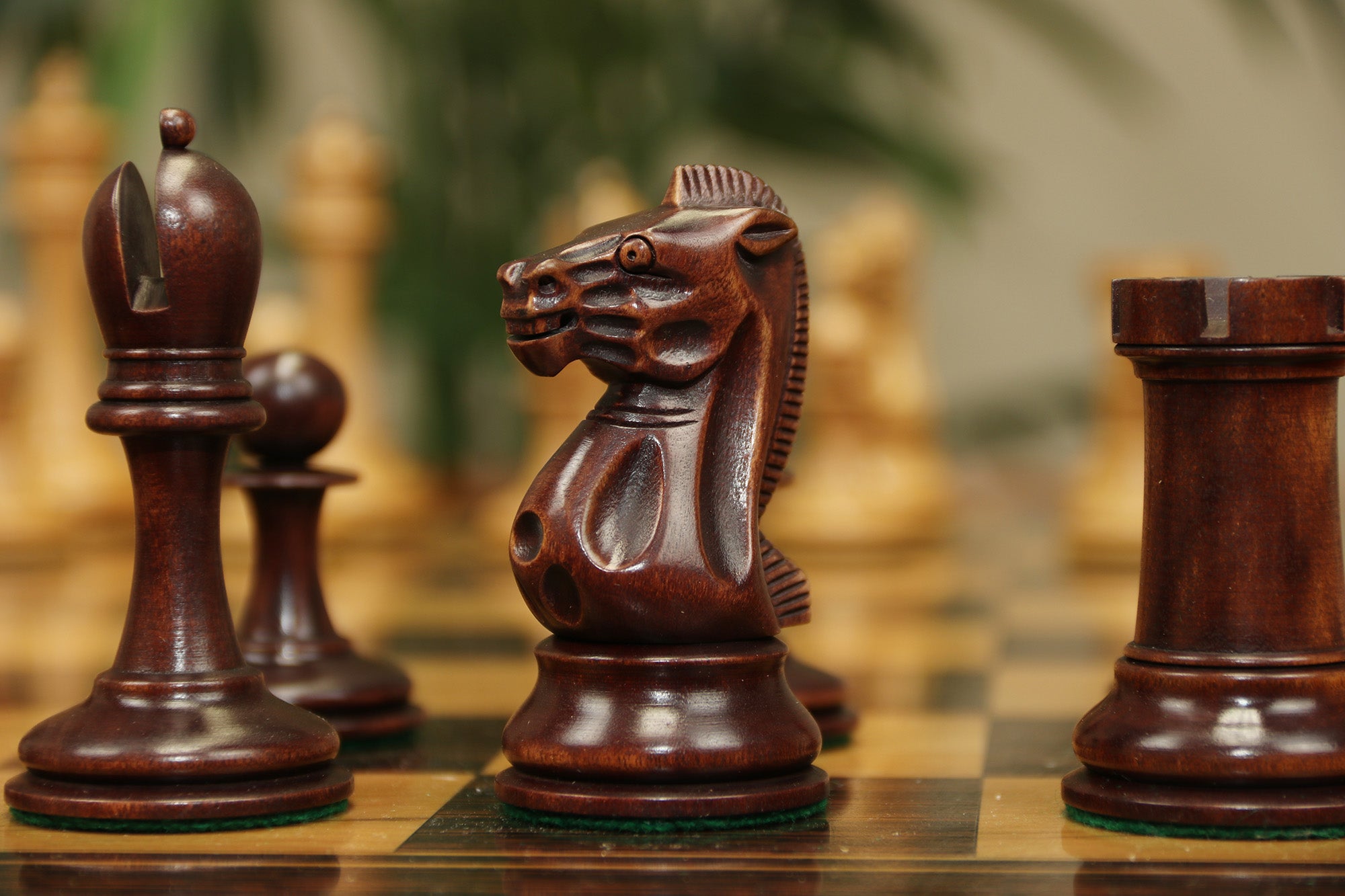 B & Company Reproduced Staunton 4.4" Chess Set in Distressed Boxwood and Mahogany