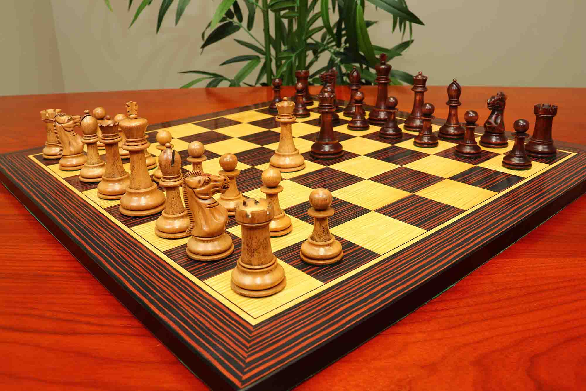 17th Olympiad Havana 1966 Circa Reproduction 3.78" Staunton Chessmen Distressed/Mahogany Stained Boxwood