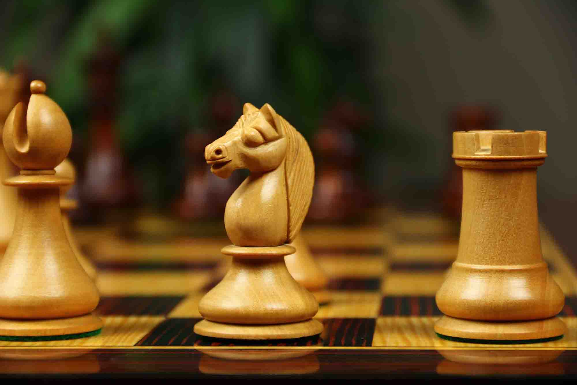 1830 Dublin Style Reproduced Historical Chess Set - 3.75" King Height in Natural & Mahogany Stained Boxwood