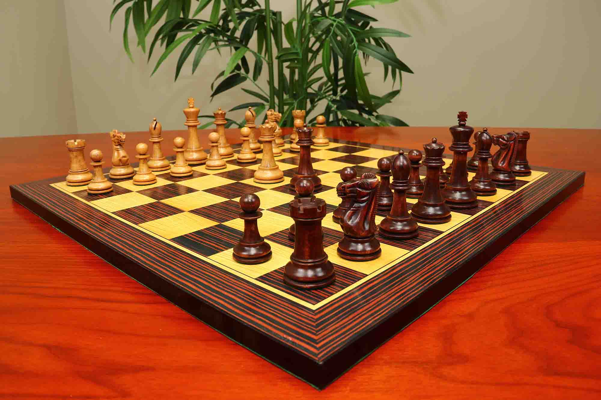 17th Olympiad Havana 1966 Circa Reproduction 3.78" Staunton Chessmen Distressed/Mahogany Stained Boxwood