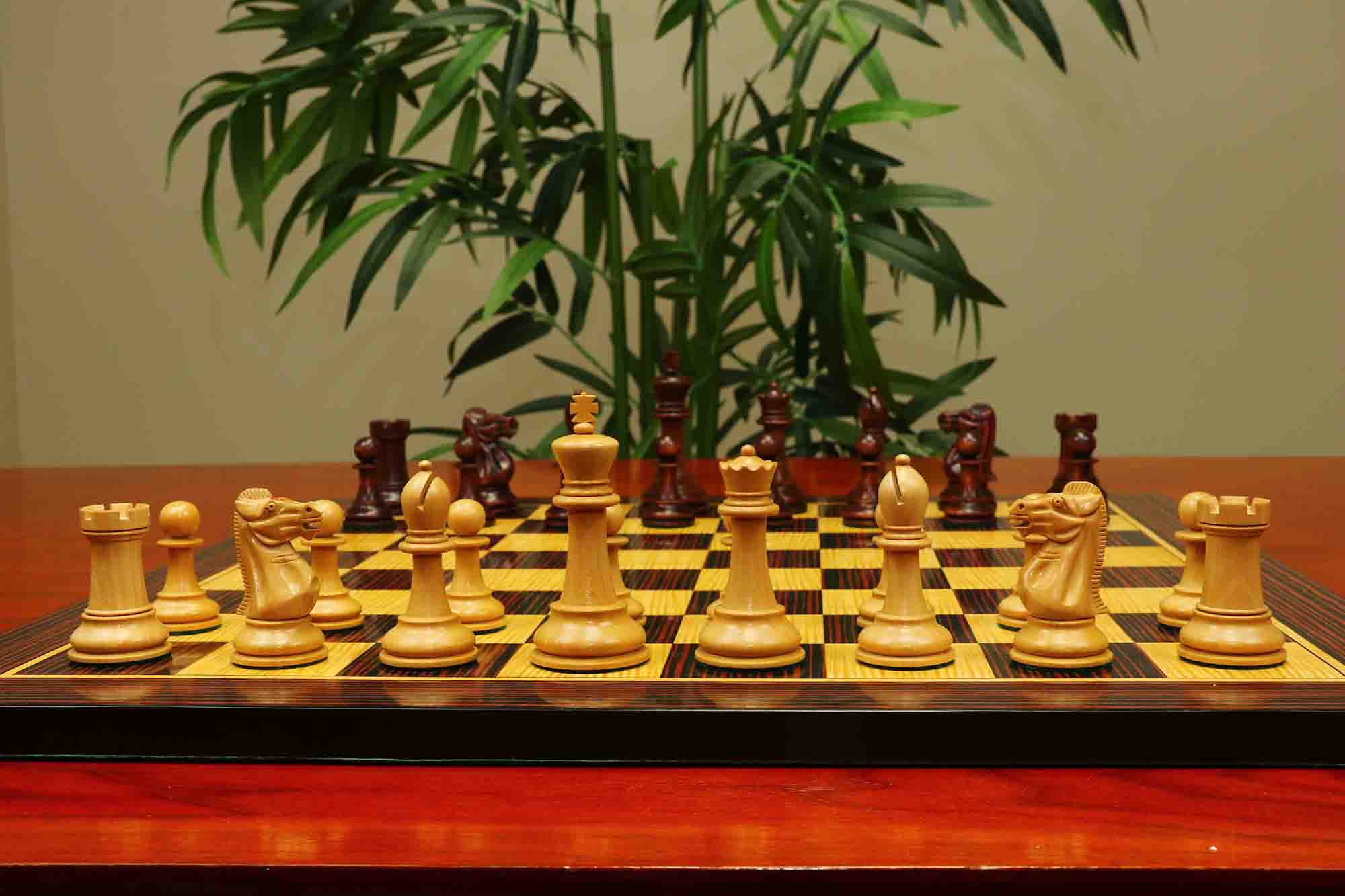 17th Olympiad Havana 1966 Circa Reproduction 3.78" Staunton Chessmen Natural/Mahogany Stained Boxwood