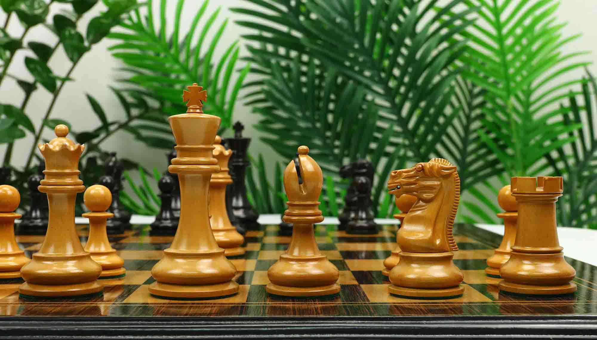 Reproduction BCC 1900-01 Edition Staunton Stroud Club Size 4.4" Antiqued Boxwood & Ebony Chessmen