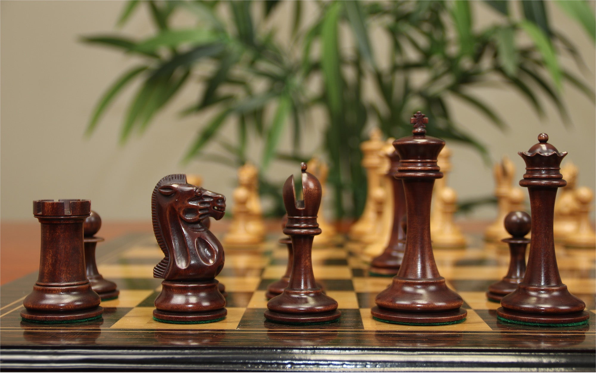 B & Company Reproduced Staunton 4.4" Chess Set in Distressed Boxwood and Mahogany