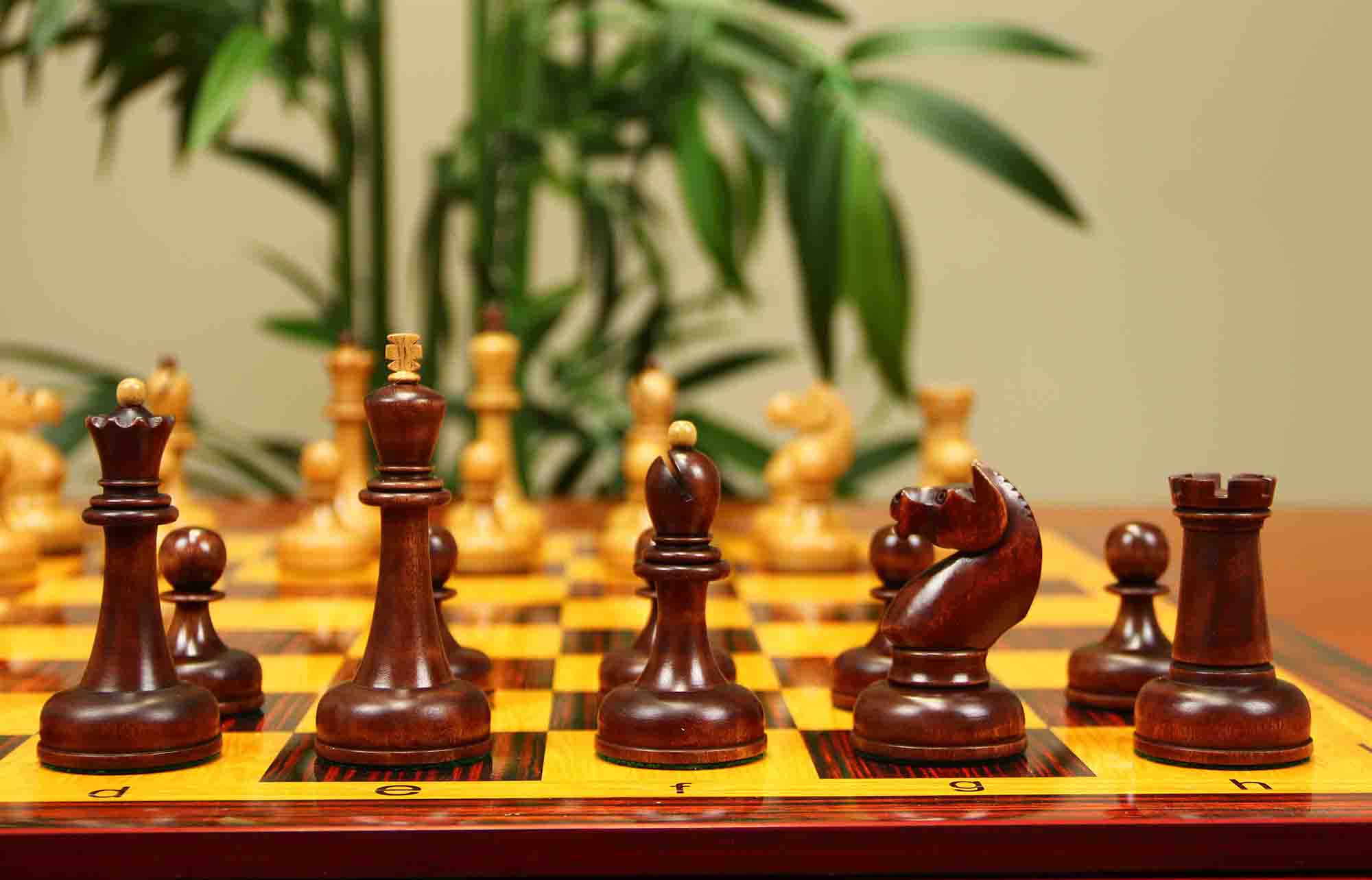 1962 Soviet Championship Historical Reproduced Tal Chess set 4" - Distressed and Mahogany Stained Boxwood