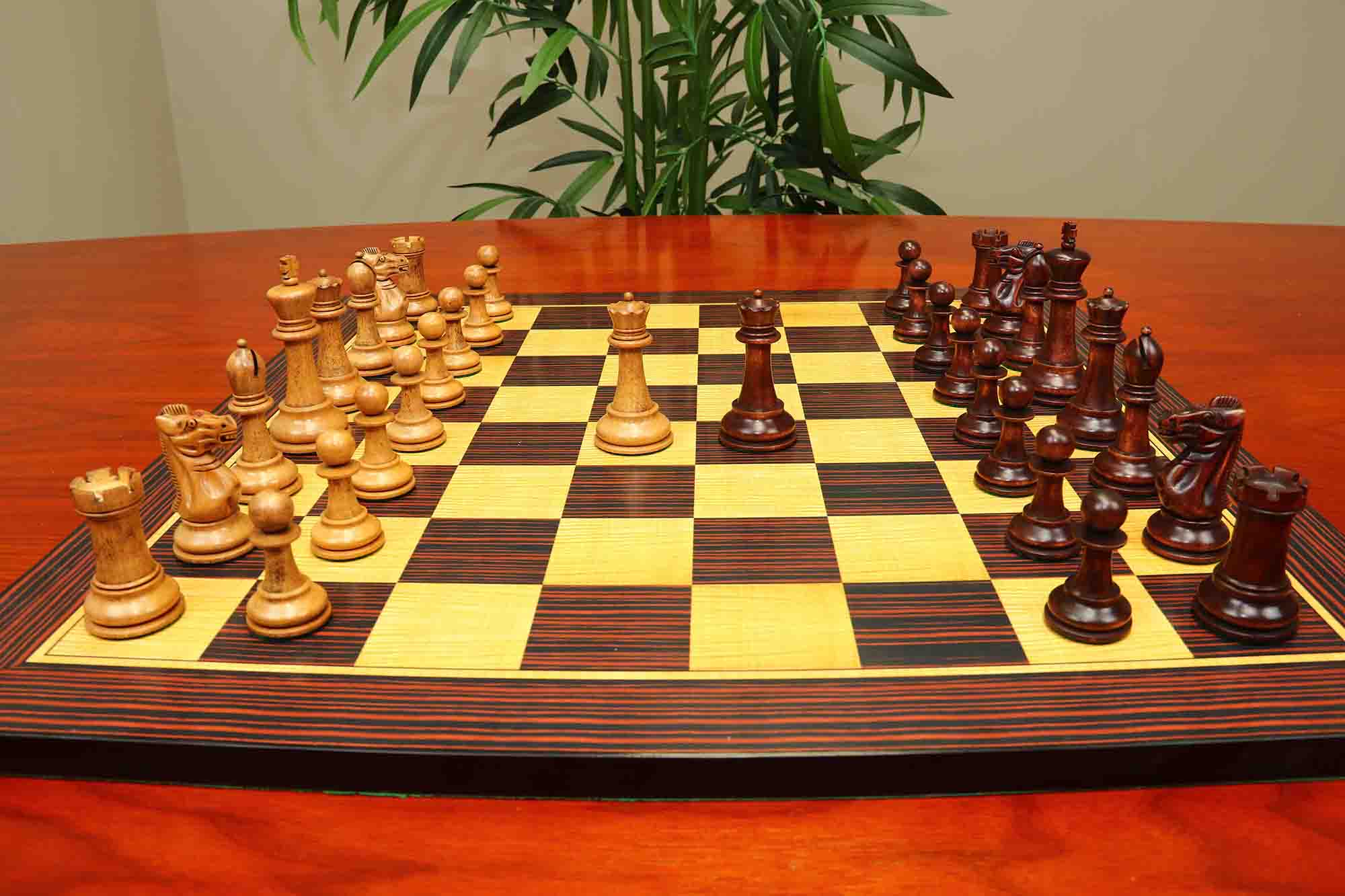 17th Olympiad Havana 1966 Circa Reproduction 3.78" Staunton Chessmen Distressed/Mahogany Stained Boxwood