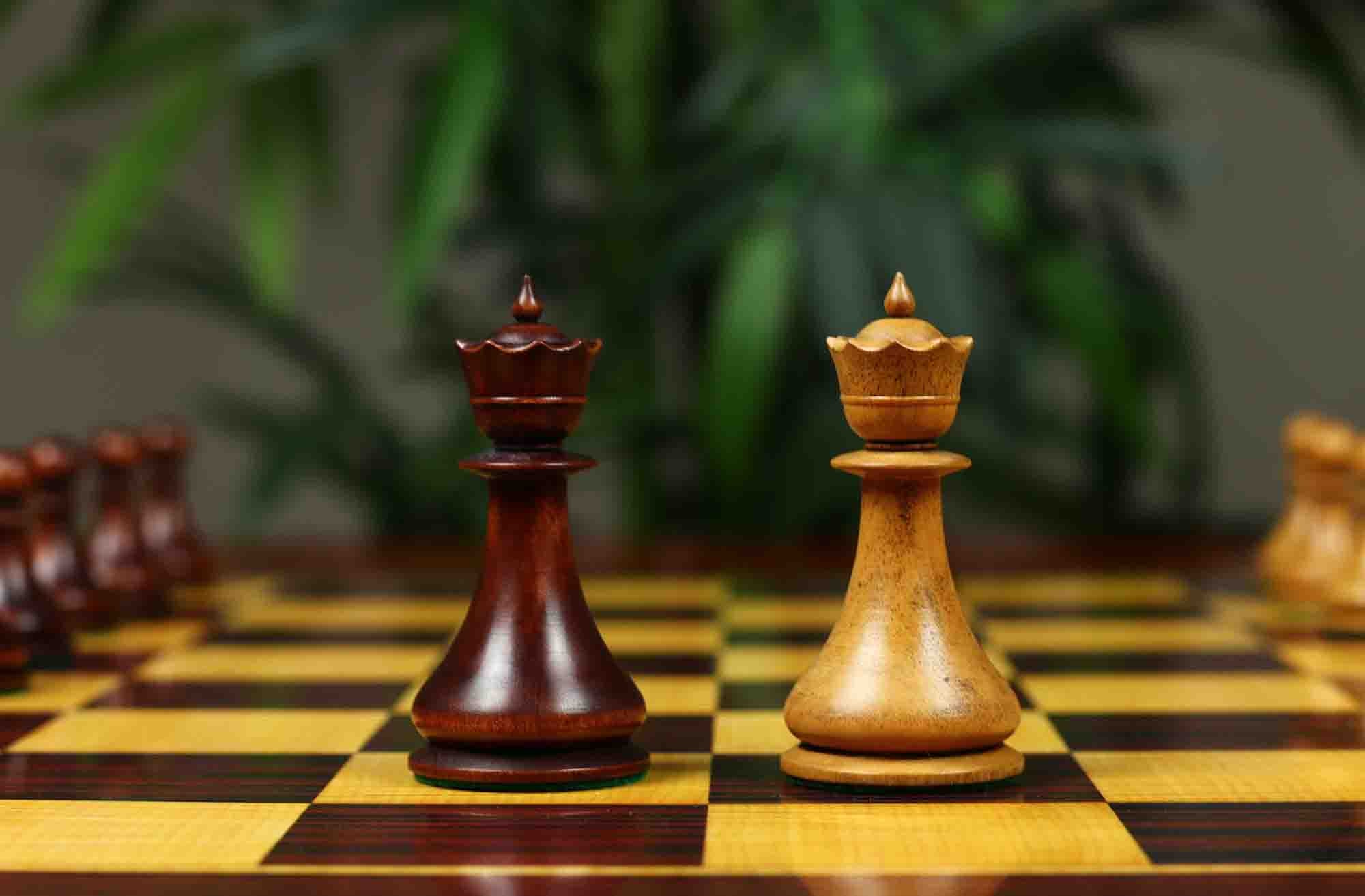 1830 Dublin Style Reproduced Historical Chess Set - 3.75" King Height in Distressed & Mahogany Stained Boxwood