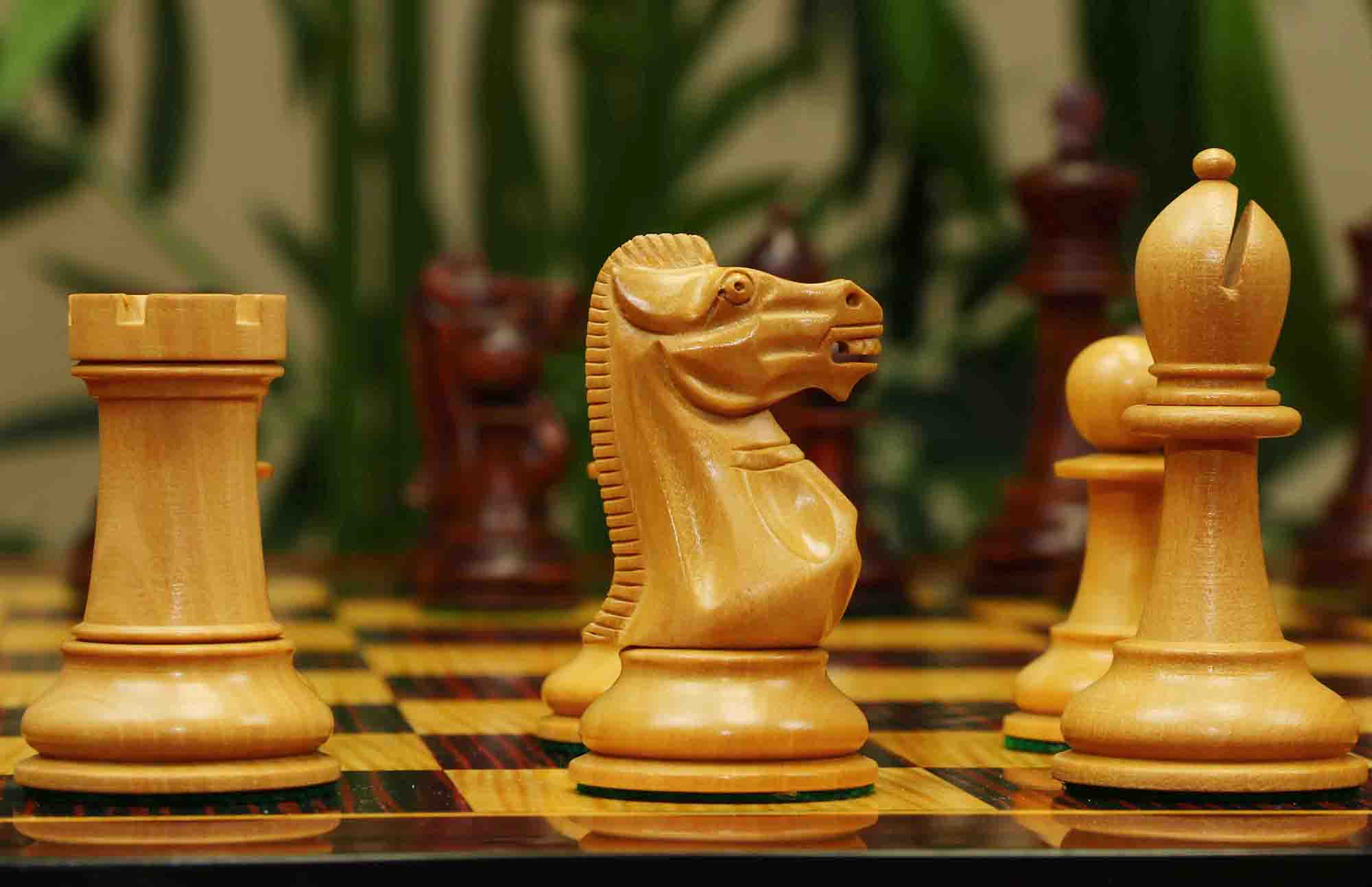 17th Olympiad Havana 1966 Circa Reproduction 3.78" Staunton Chessmen Natural/Mahogany Stained Boxwood