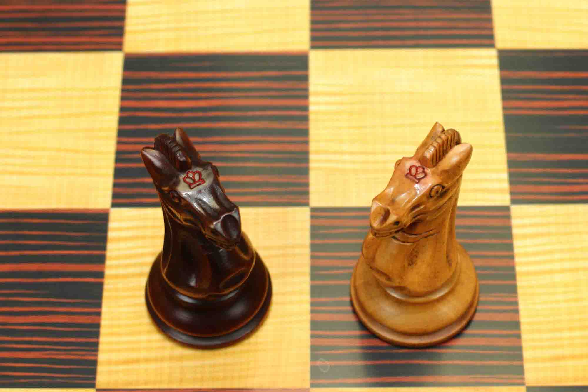 17th Olympiad Havana 1966 Circa Reproduction 3.78" Staunton Chessmen Distressed/Mahogany Stained Boxwood