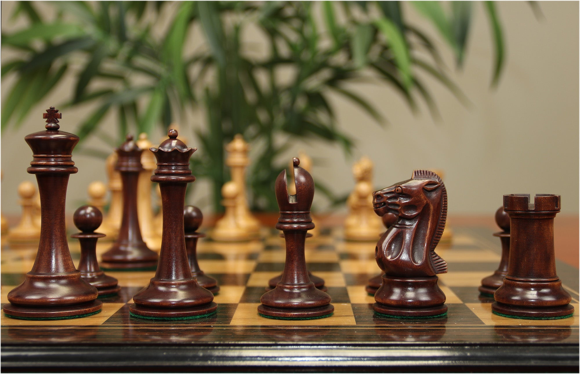 B & Company Reproduced Staunton 4.4" Chess Set in Distressed Boxwood and Mahogany