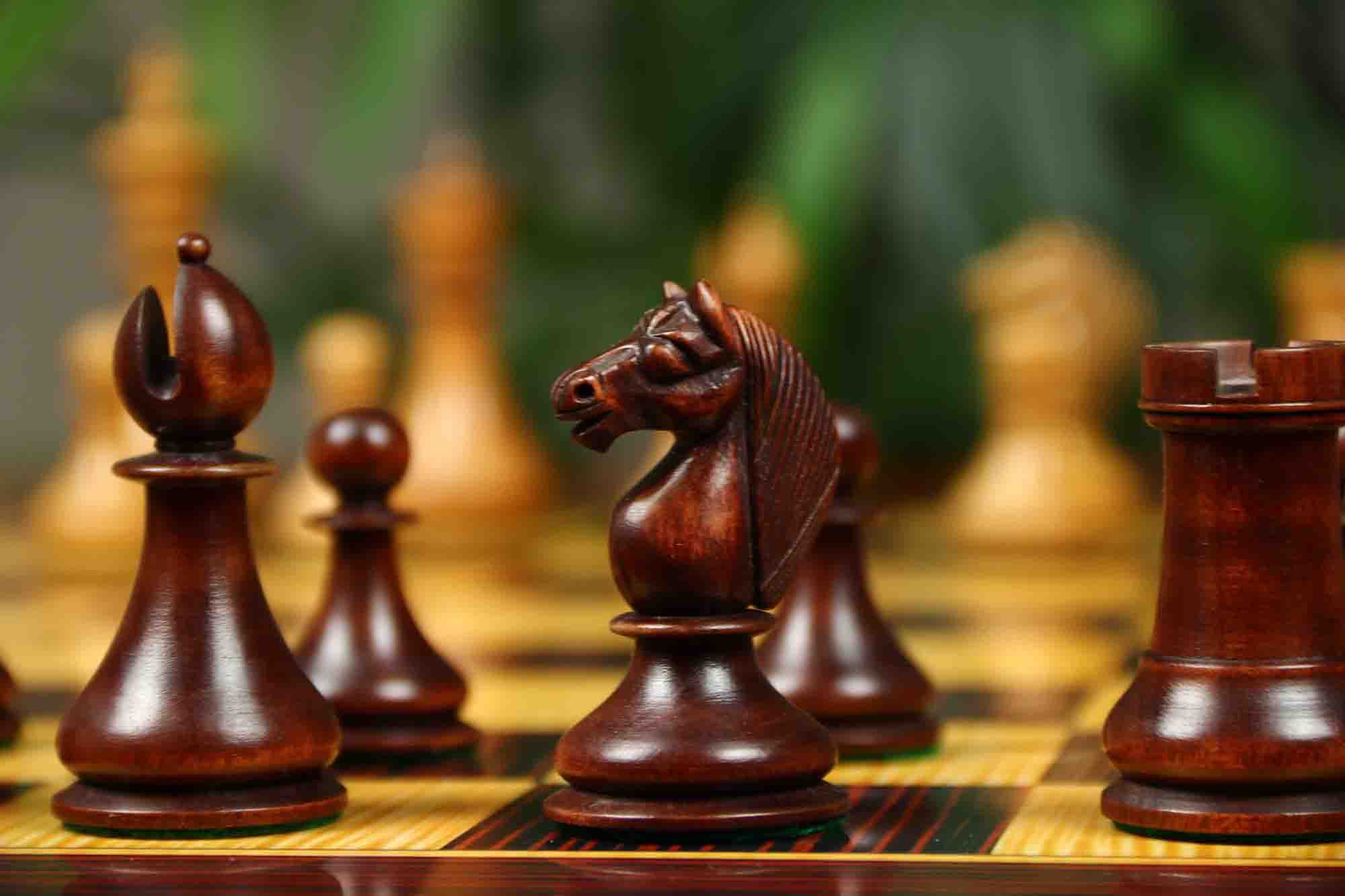 1830 Dublin Style Reproduced Historical Chess Set - 3.75" King Height in Distressed & Mahogany Stained Boxwood