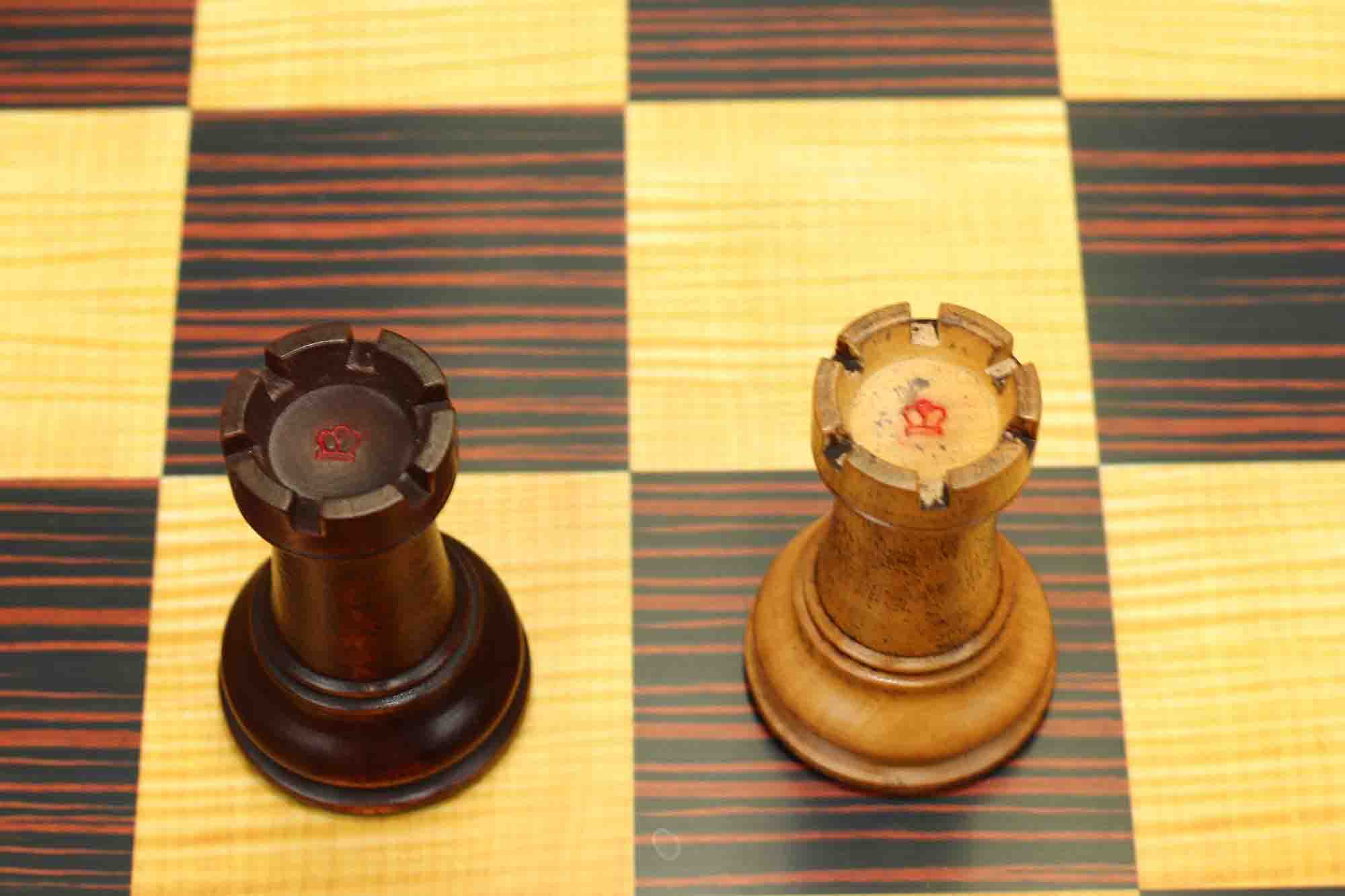 17th Olympiad Havana 1966 Circa Reproduction 3.78" Staunton Chessmen Distressed/Mahogany Stained Boxwood