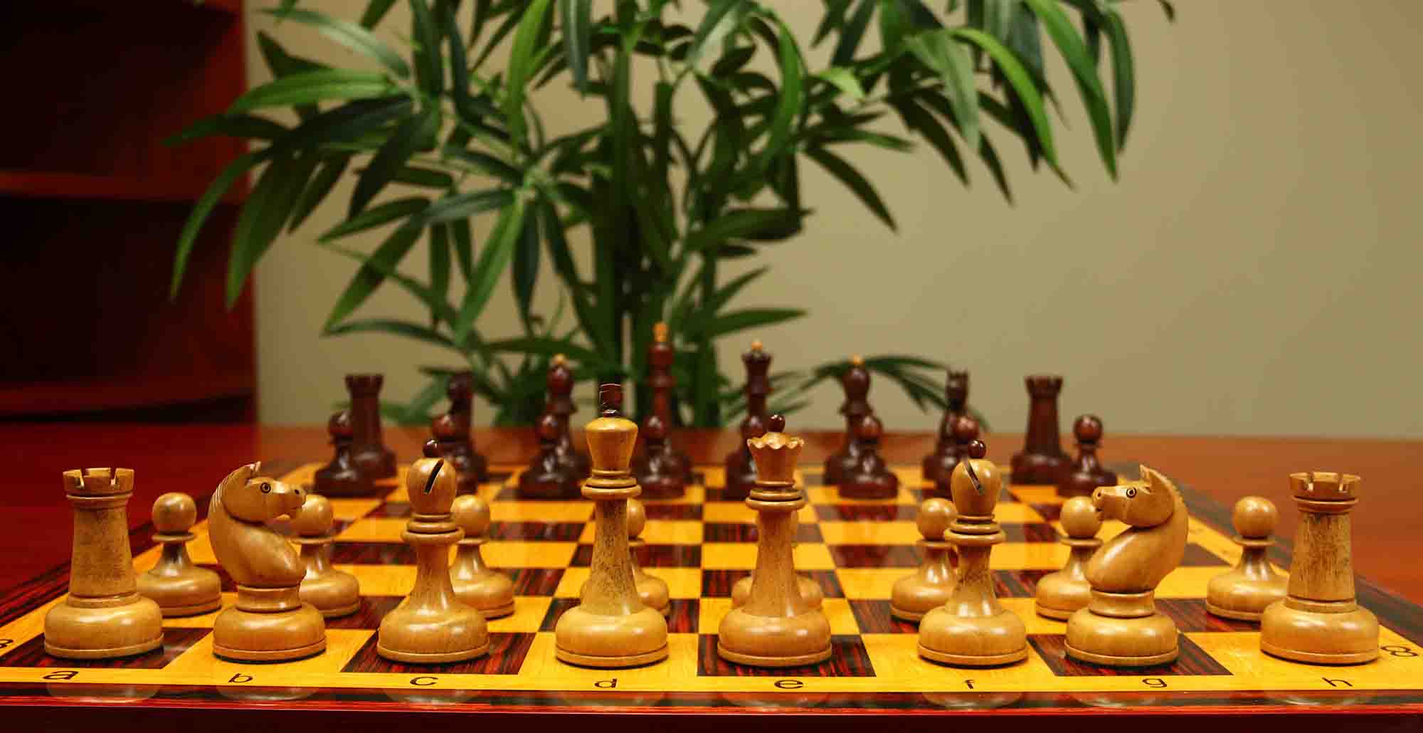 1962 Soviet Championship Historical Reproduced Tal Chess set 4" - Distressed and Mahogany Stained Boxwood