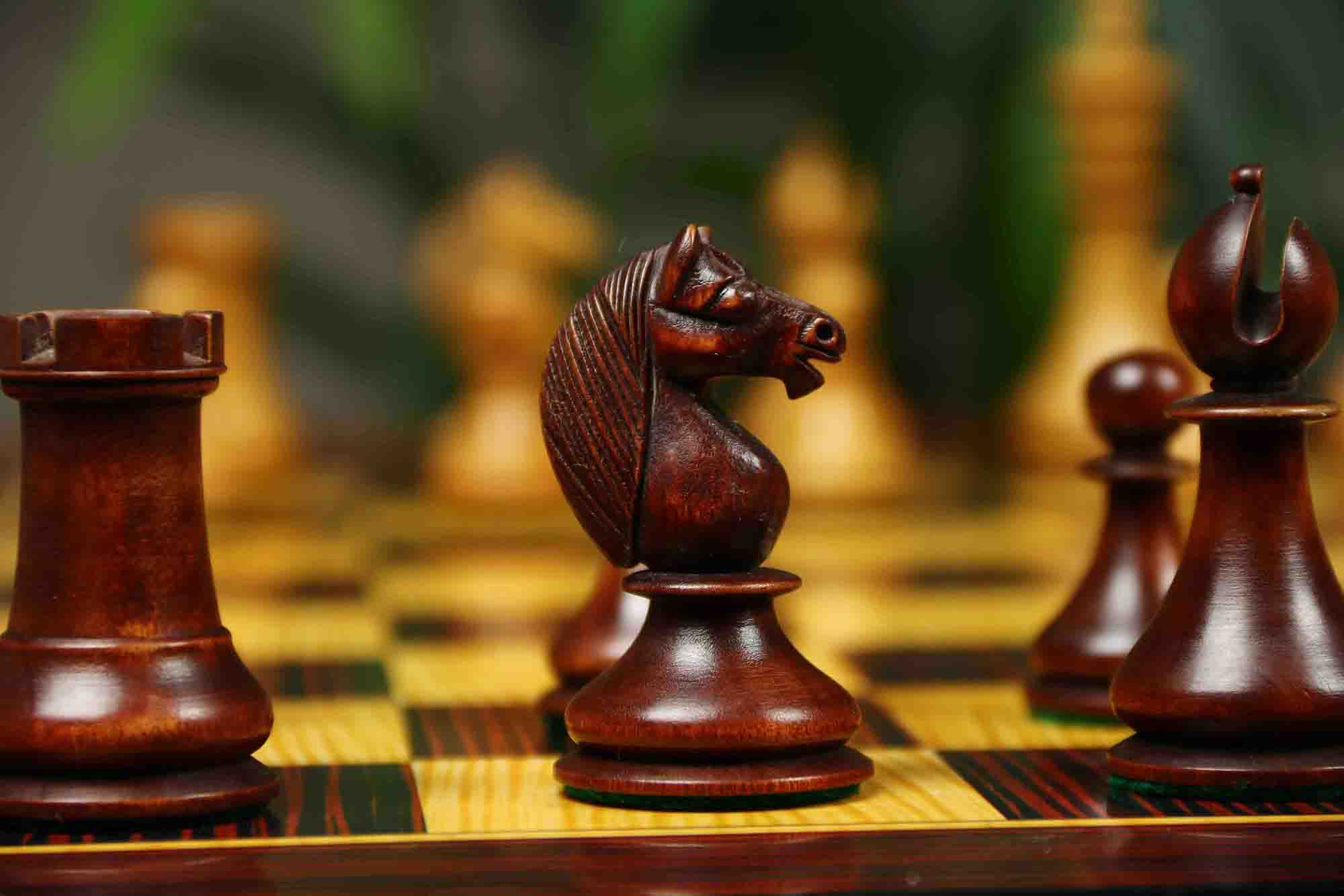 1830 Dublin Style Reproduced Historical Chess Set - 3.75" King Height in Distressed & Mahogany Stained Boxwood