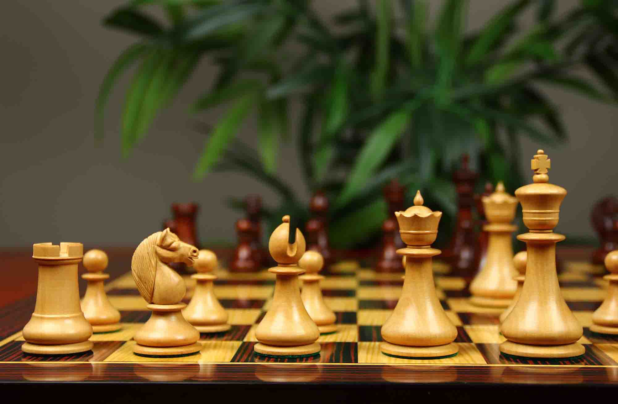 1830 Dublin Style Reproduced Historical Chess Set - 3.75" King Height in Natural & Mahogany Stained Boxwood