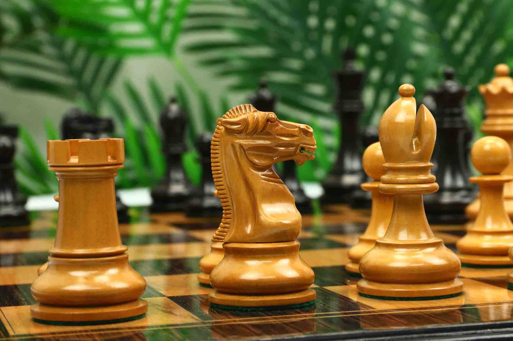 Reproduction BCC 1900-01 Edition Staunton Stroud Club Size 4.4" Antiqued Boxwood & Ebony Chessmen