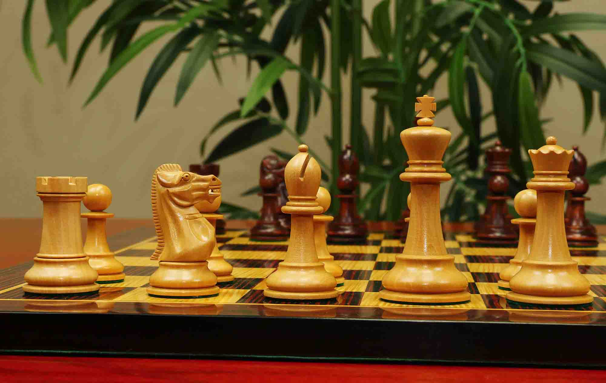 17th Olympiad Havana 1966 Circa Reproduction 3.78" Staunton Chessmen Natural/Mahogany Stained Boxwood