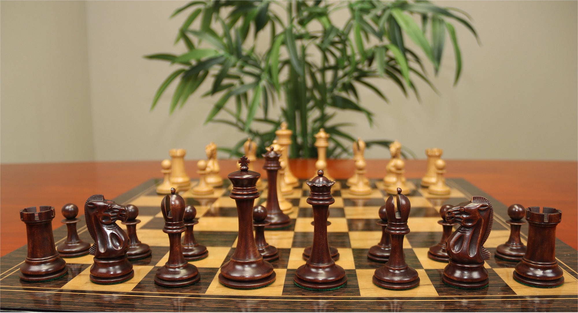 B & Company Reproduced Staunton 4.4" Chess Set in Distressed Boxwood and Mahogany