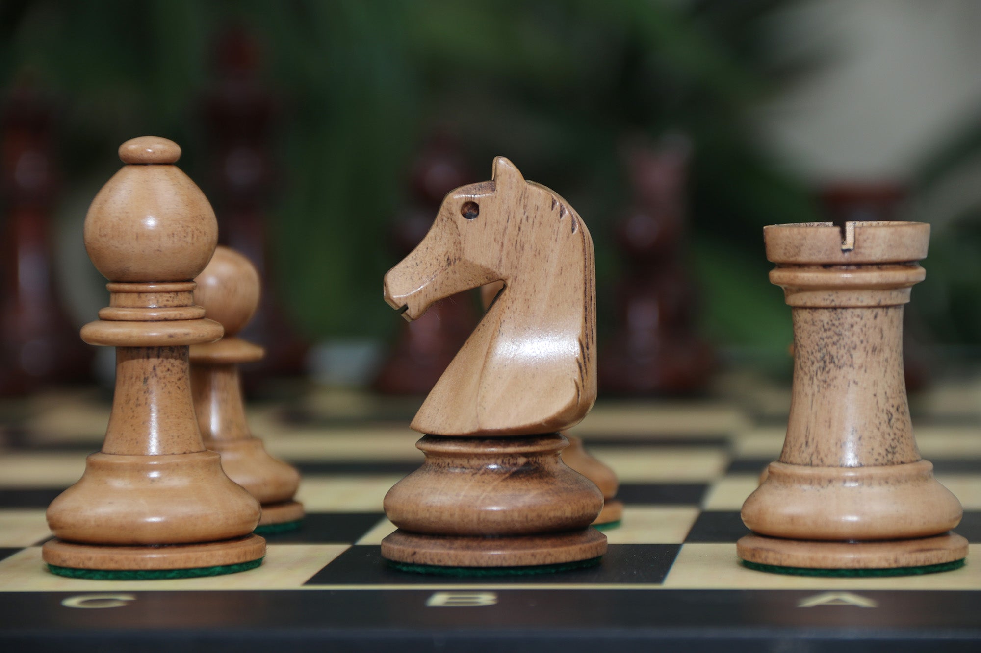 Henri Chavet Reproduced Chess Set in Distressed and Mahogany Stained Boxwood- 3.75" King Height