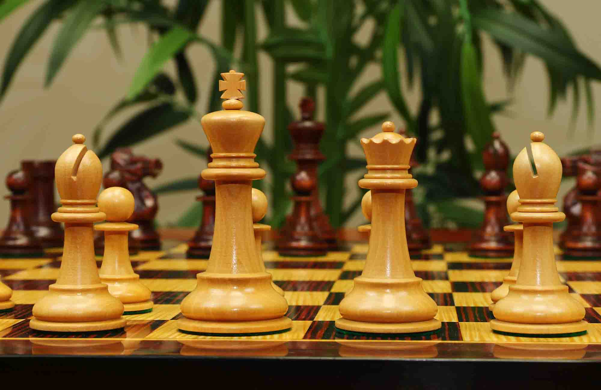 17th Olympiad Havana 1966 Circa Reproduction 3.78" Staunton Chessmen Natural/Mahogany Stained Boxwood