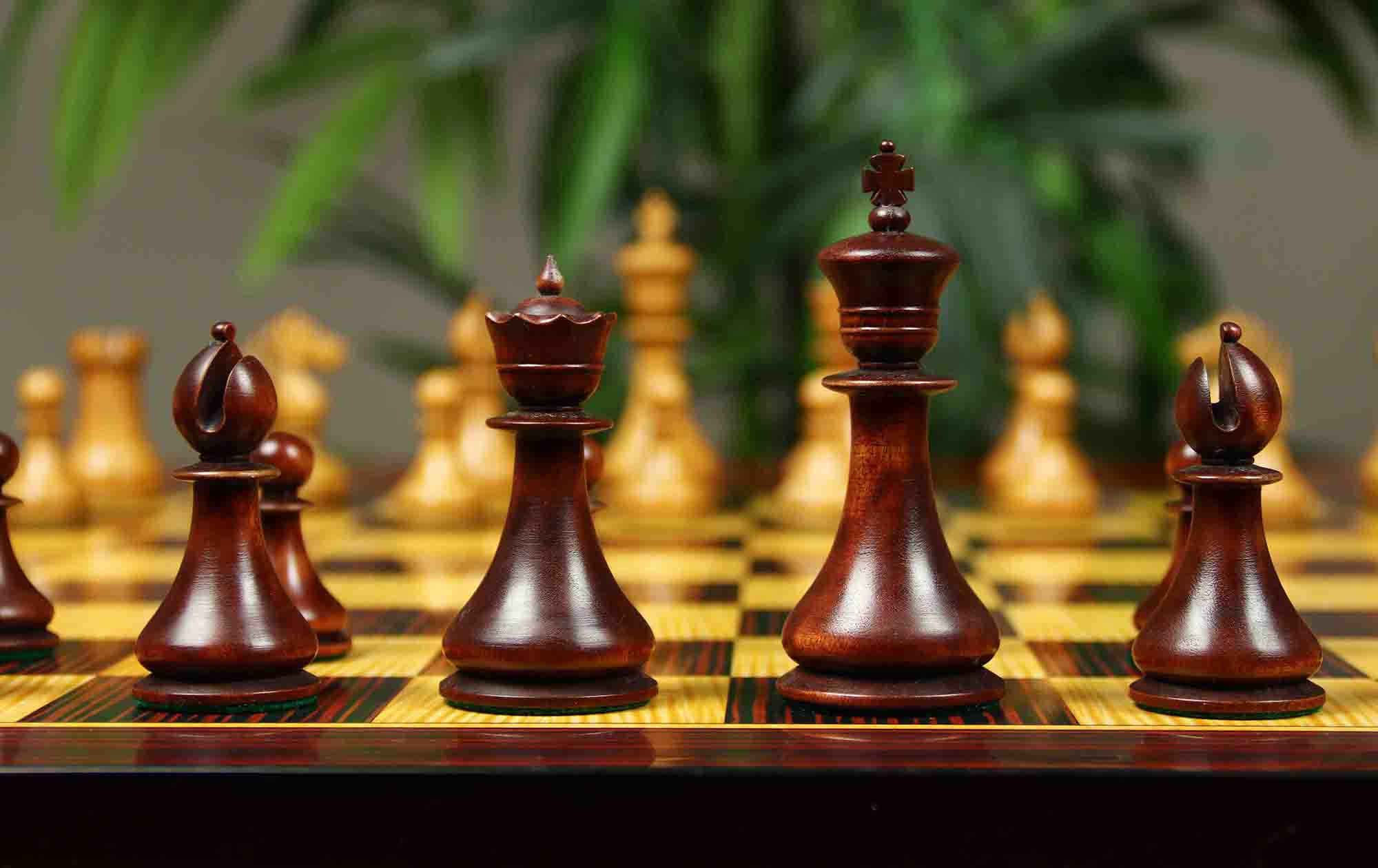 1830 Dublin Style Reproduced Historical Chess Set - 3.75" King Height in Distressed & Mahogany Stained Boxwood