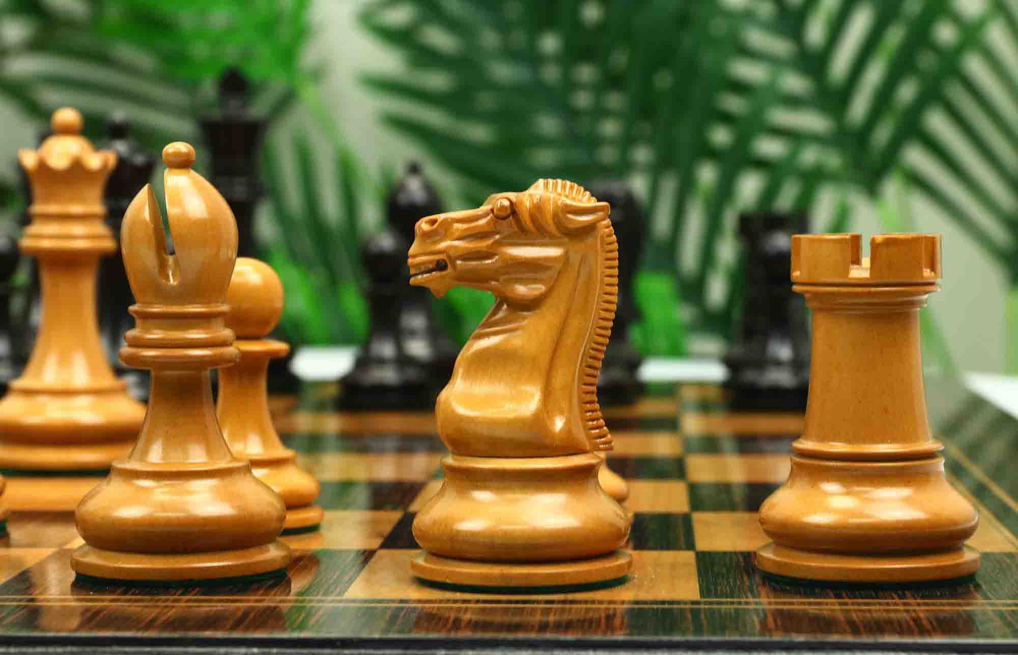 Reproduction BCC 1900-01 Edition Staunton Stroud Club Size 4.4" Antiqued Boxwood & Ebony Chessmen