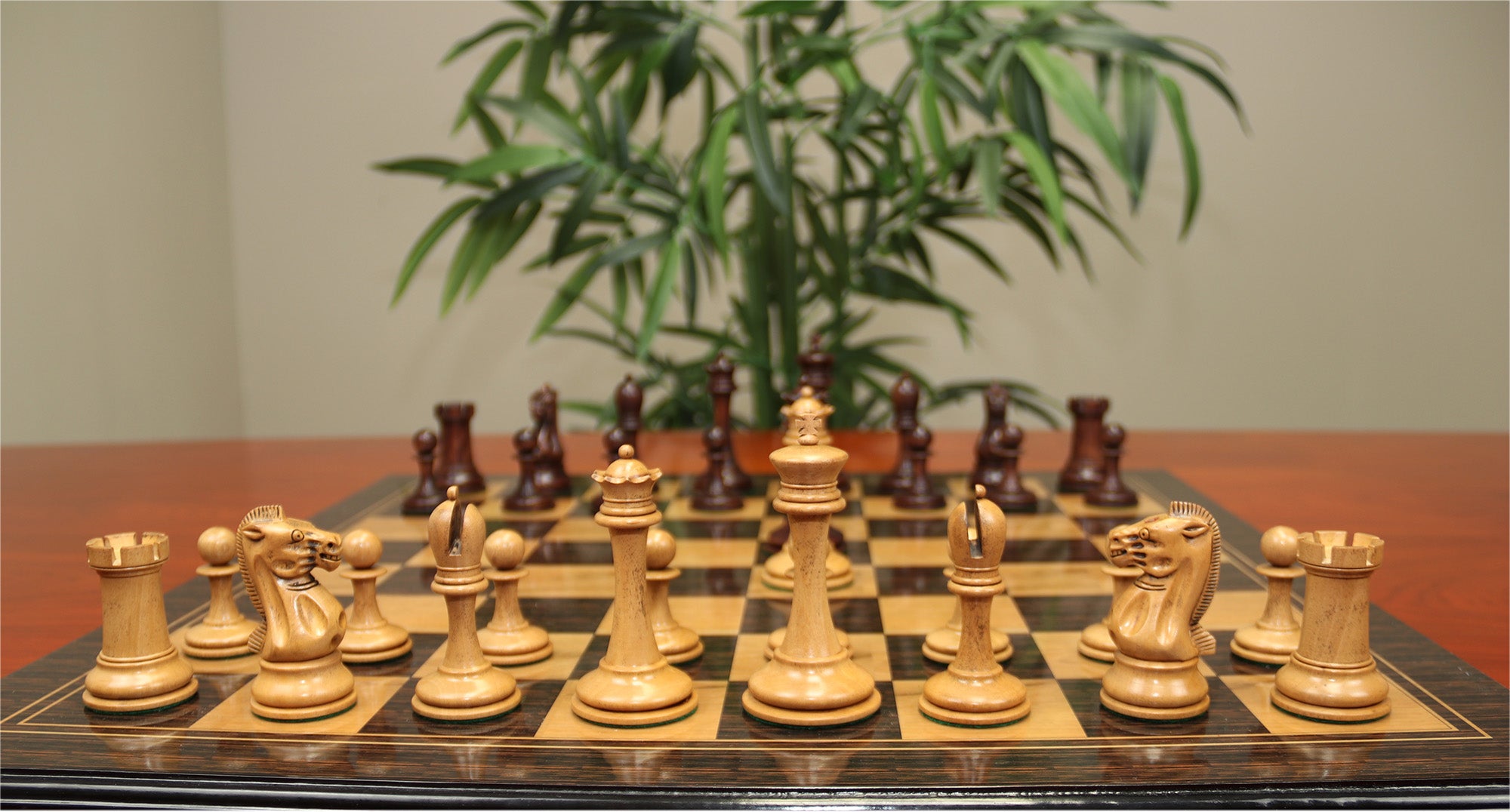 B & Company Reproduced Staunton 4.4" Chess Set in Distressed Boxwood and Mahogany