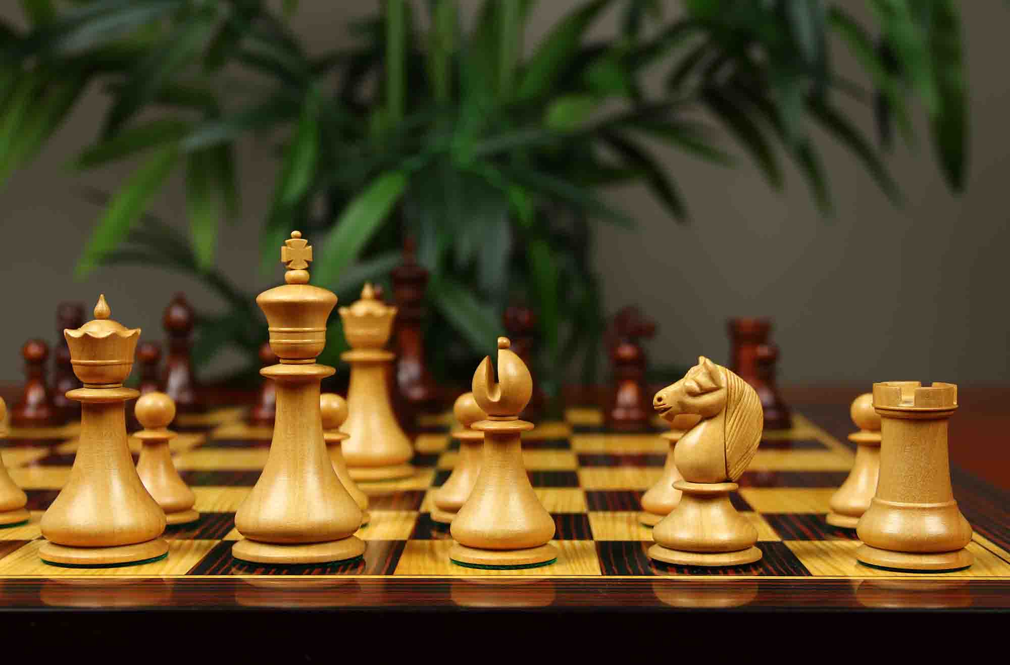 1830 Dublin Style Reproduced Historical Chess Set - 3.75" King Height in Natural & Mahogany Stained Boxwood