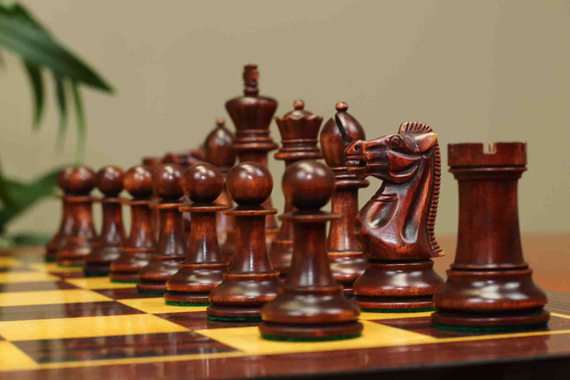 17th Olympiad Havana 1966 Circa Reproduction 3.78" Staunton Chessmen Distressed/Mahogany Stained Boxwood