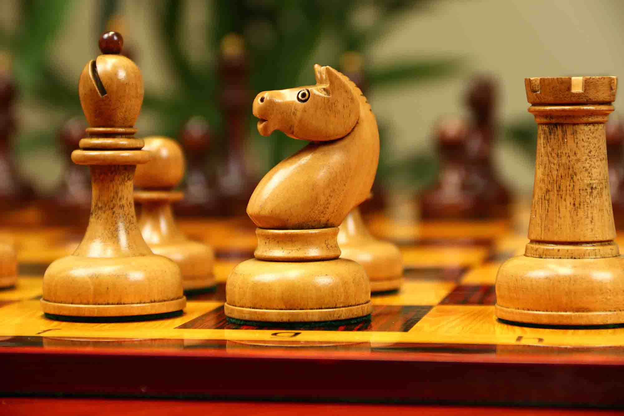 1962 Soviet Championship Historical Reproduced Tal Chess set 4" - Distressed and Mahogany Stained Boxwood