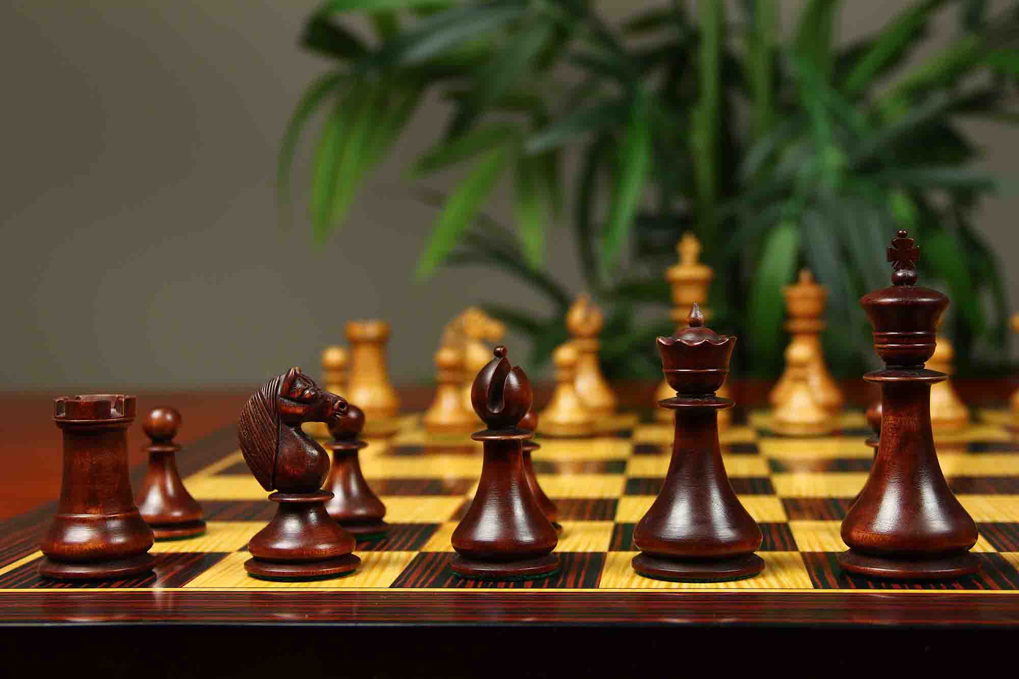 1830 Dublin Style Reproduced Historical Chess Set - 3.75" King Height in Distressed & Mahogany Stained Boxwood