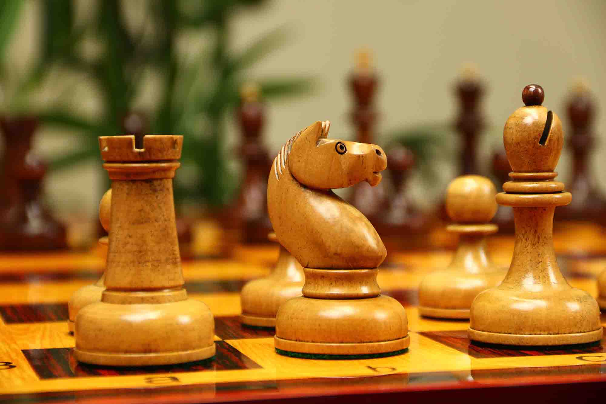 1962 Soviet Championship Historical Reproduced Tal Chess set 4" - Distressed and Mahogany Stained Boxwood