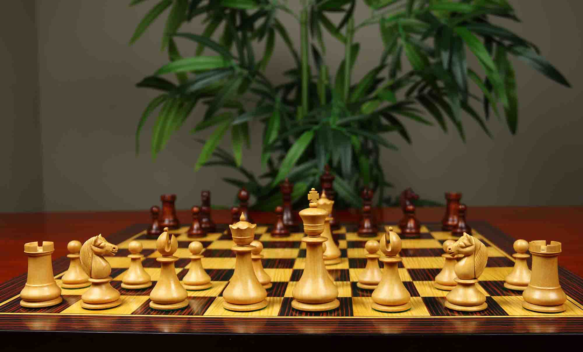 1830 Dublin Style Reproduced Historical Chess Set - 3.75" King Height in Natural & Mahogany Stained Boxwood