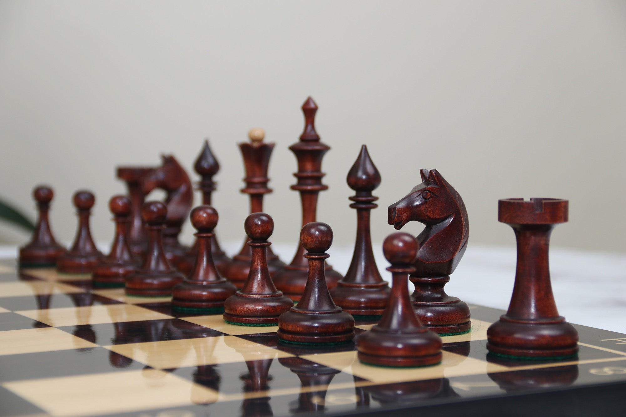 Soviet USSR 1970 Reproduced 4" Chess set in Distressed and Mahogany Stained Boxwood