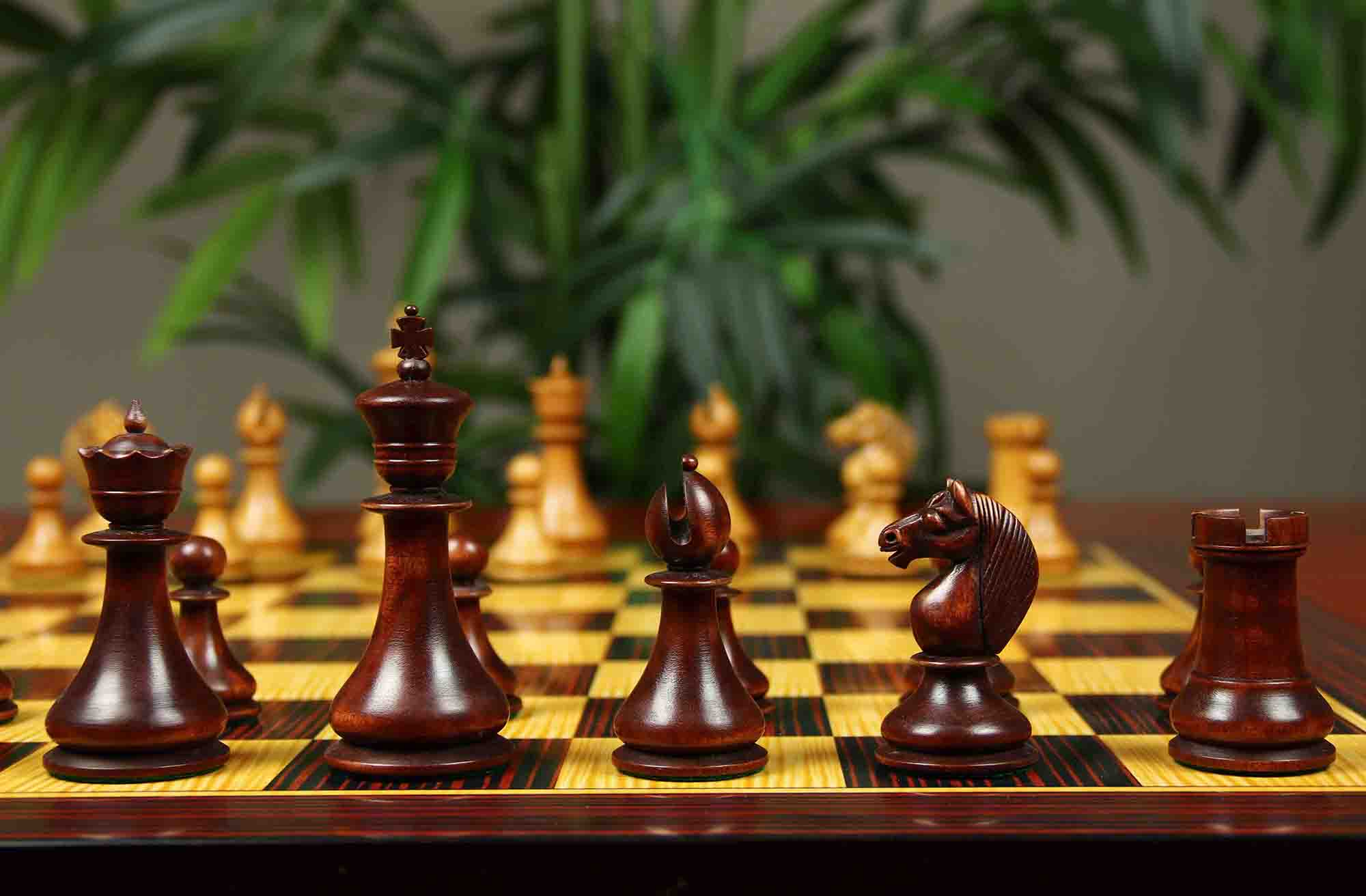 1830 Dublin Style Reproduced Historical Chess Set - 3.75" King Height in Distressed & Mahogany Stained Boxwood