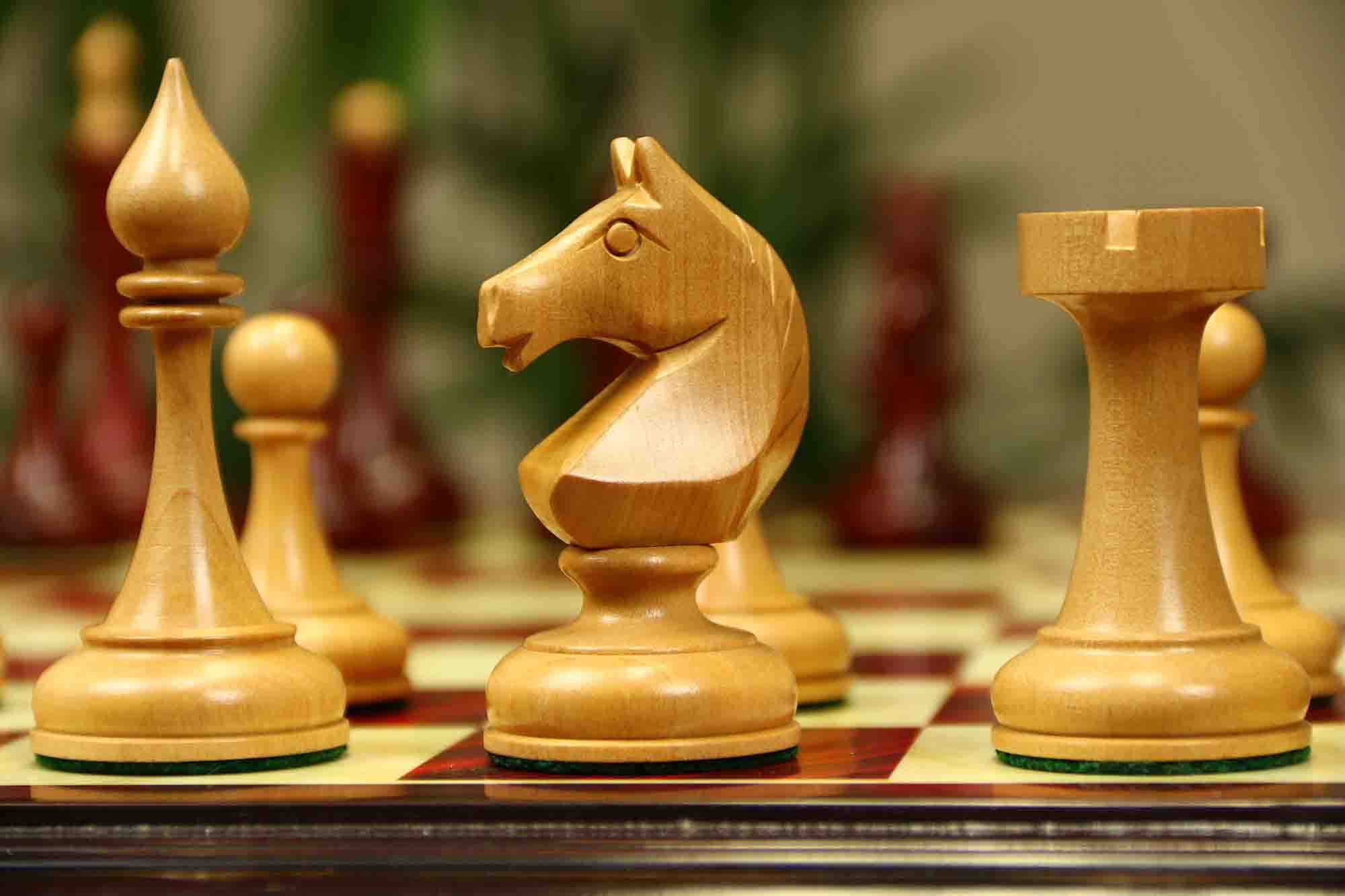 Soviet USSR 1970 Reproduced 4" Chess set in African Padouk and Natural Boxwood